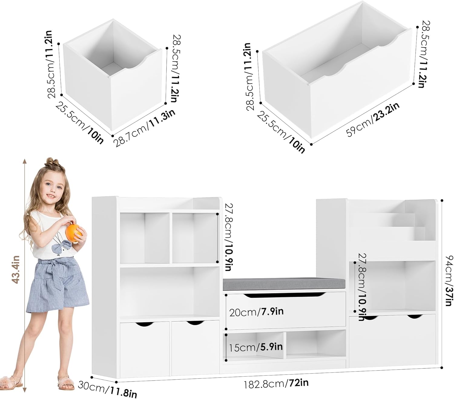 FOTOSOK 72u201D Kids Bookshelf with Reading Nook, Large Toy Storage Organizer with Seat Cushion and 3 Movable Drawers, Kids Reading Nook Toy Organizers and Storage with Bench for Living Room, White
