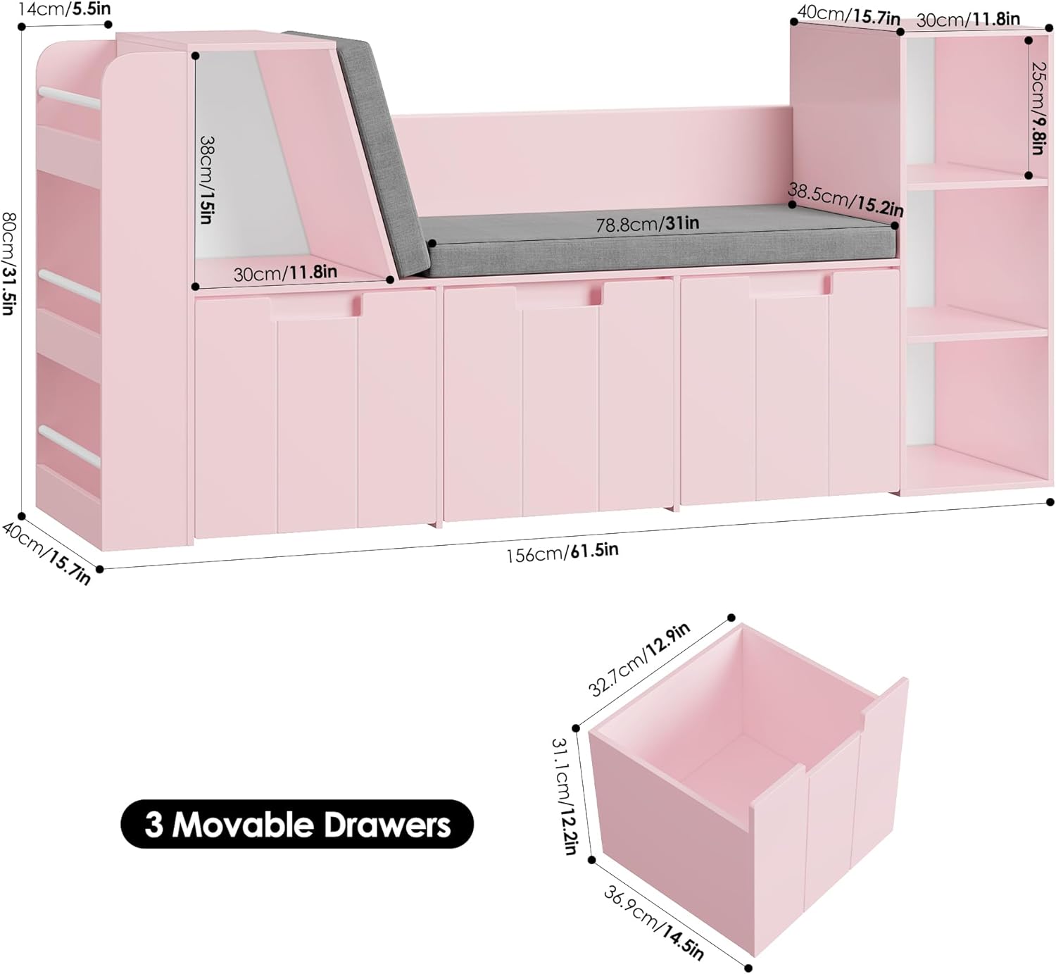 BOTLOG 61.5" Kids Reading Nook with 3-Layer Bookshelf, Reading Nook for Kids with Double Bench and Rolling Drawers, Bookshelf and Toy Storage for Nursery, Playroom, Pink