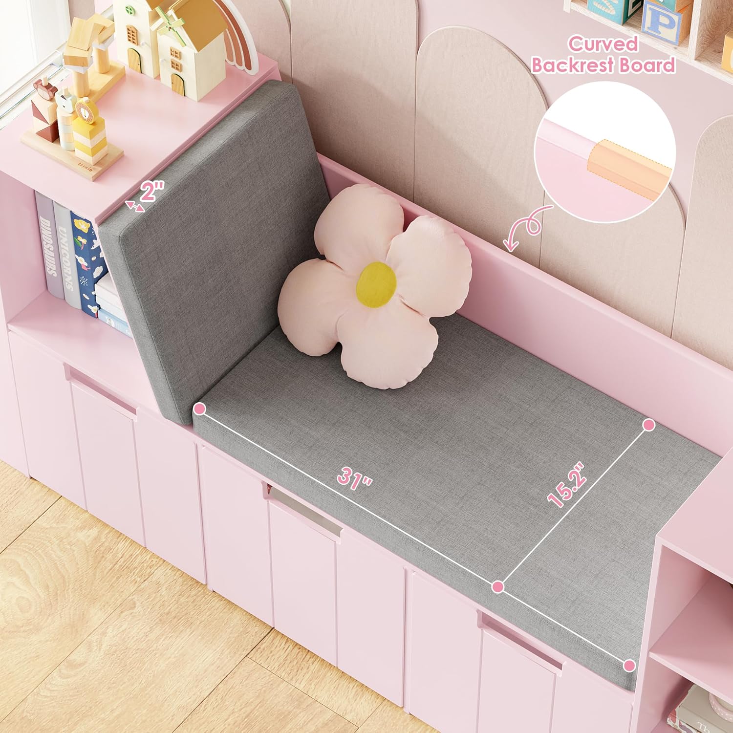 Alternative view of BOTLOG 61.5" Kids Reading Nook with 3-Layer Bookshelf, Reading Nook for Kids with Double Bench and Rolling Drawers, Bookshelf and Toy Storage for Nursery, Playroom, Pink