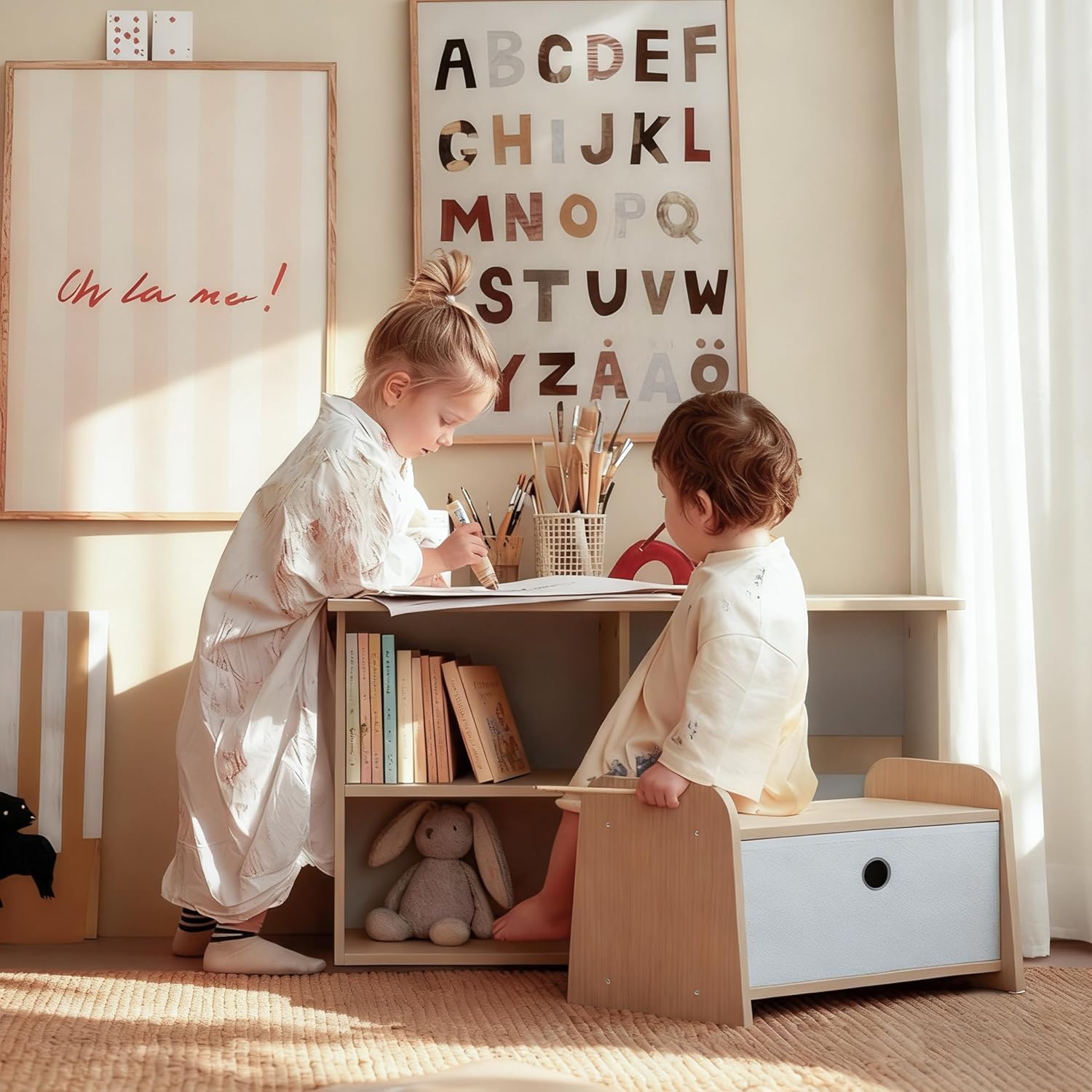 Faesun Kids Bookshelf with Bench, Toddler Table with Reading Nook, Montessori Shelf with Fabric Drawer, Toy Organizers and Storage for Kids Rooms, Nursery, Playroom, Bedroom, Natural