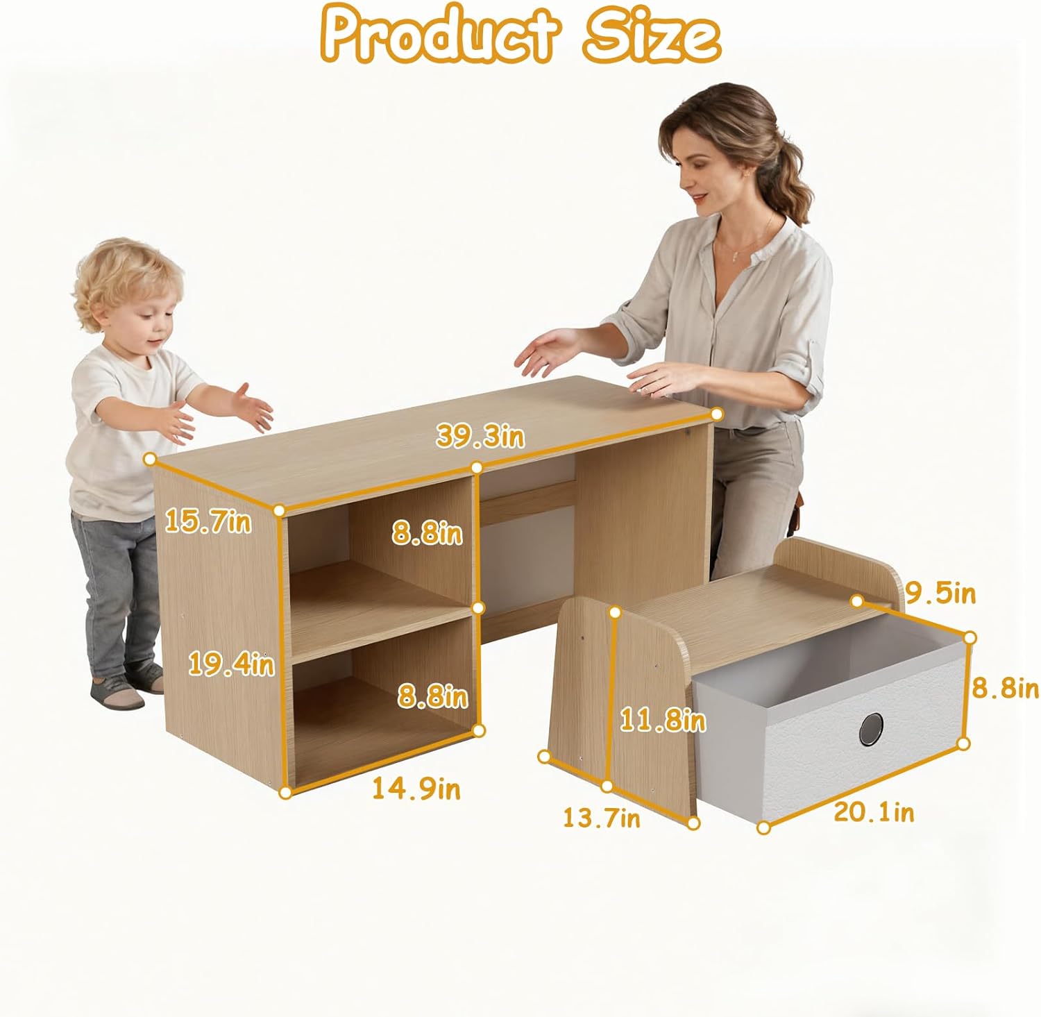 Alternative view of Faesun Kids Bookshelf with Bench, Toddler Table with Reading Nook, Montessori Shelf with Fabric Drawer, Toy Organizers and Storage for Kids Rooms, Nursery, Playroom, Bedroom, Natural