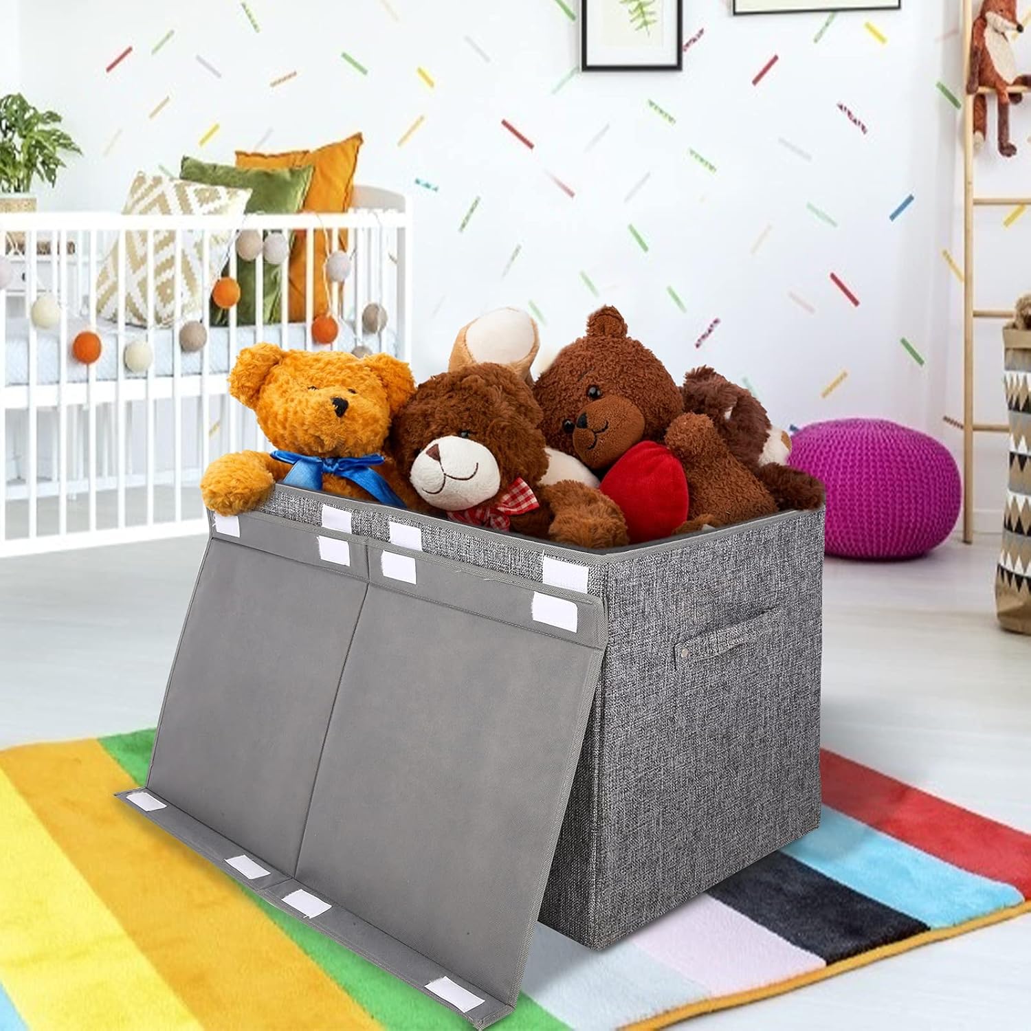 popoly Large Toy Box Storage with Lid, Collapsible Sturdy Toy Chest Storage Bin Box with Rivets Handles for Kids, Boys, Girls, Nursery, Playroom, Living Room, Bedroom, 25"x 13" x 16" (Linen Gray)