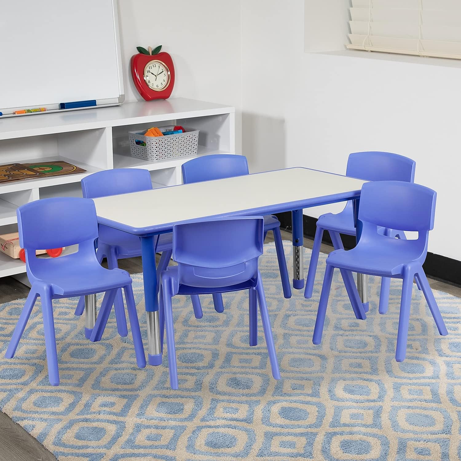 Flash Furniture Emmy Adjustable Classroom Activity Table with 6 Stackable Chairs, Plastic Activity Table for Kids, 23.625" W x 47.25" L, Blue/Gray