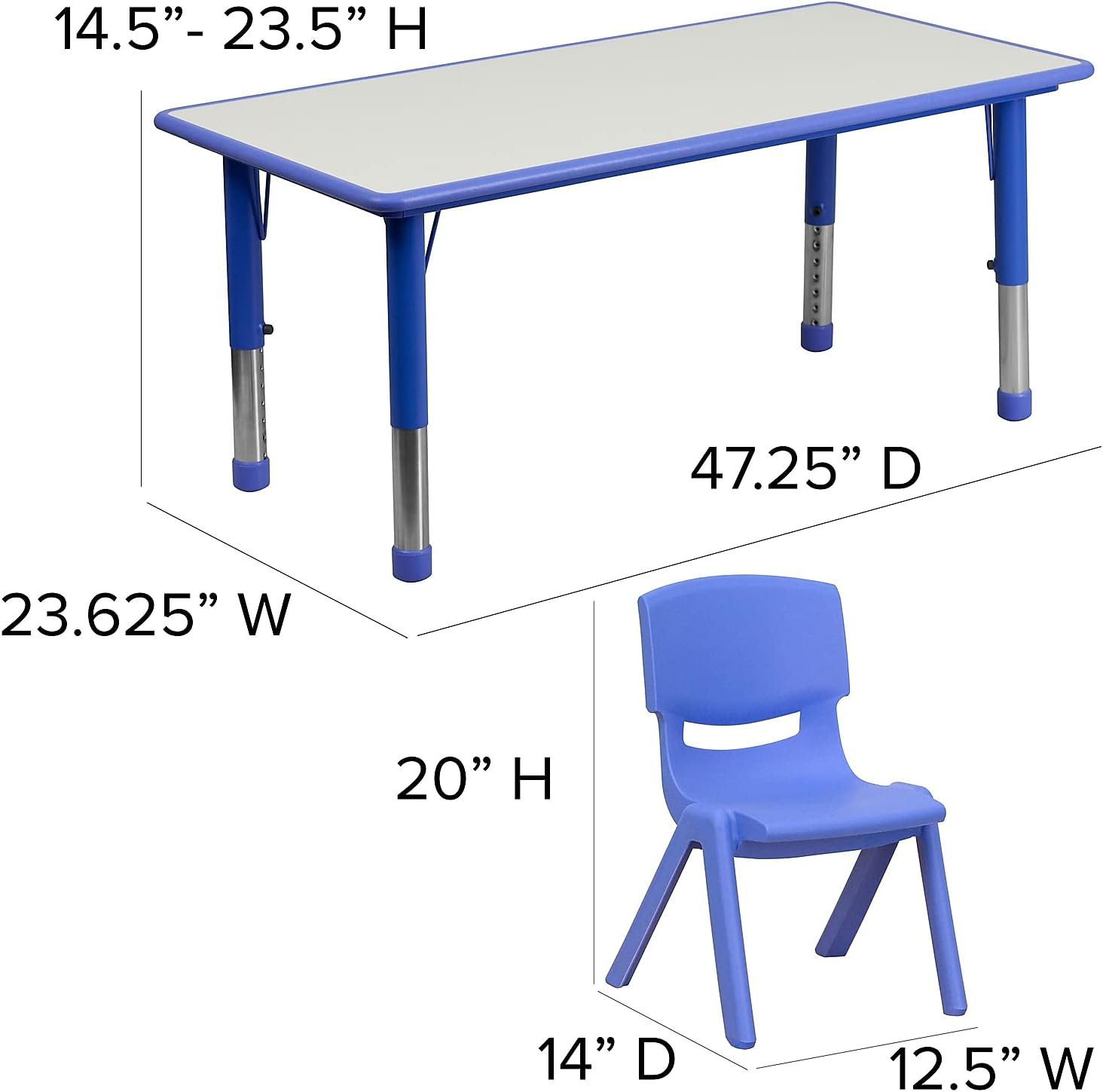 Alternative view of Flash Furniture Emmy Adjustable Classroom Activity Table with 6 Stackable Chairs, Plastic Activity Table for Kids, 23.625" W x 47.25" L, Blue/Gray