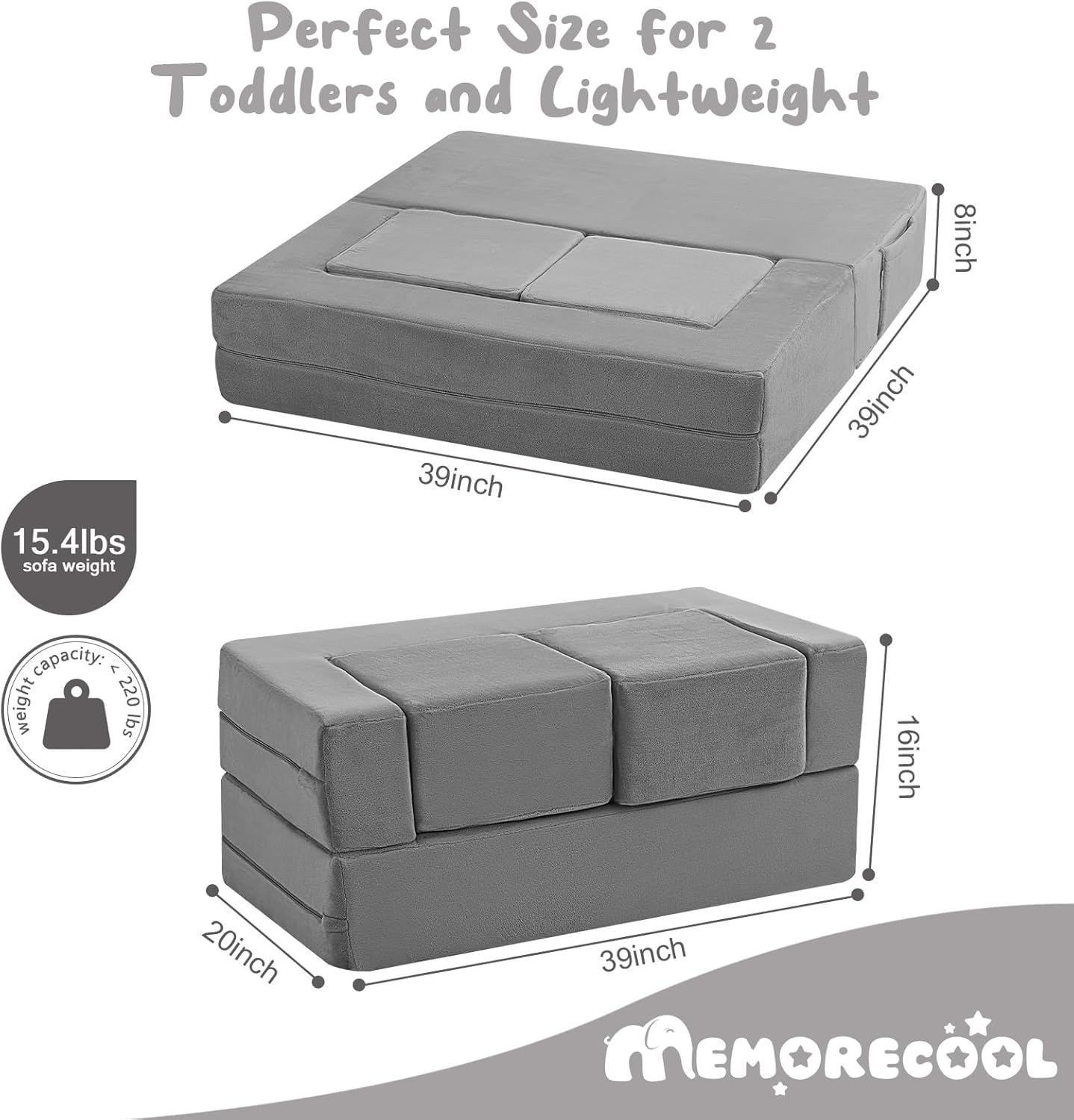 MeMoreCool Kids Play Couch Sofa u2013 Grey Modular Convertible Foam Couch Soft Fold-Out Toddler Seating for Creative Play, Reading, Resting & Playroom Fun