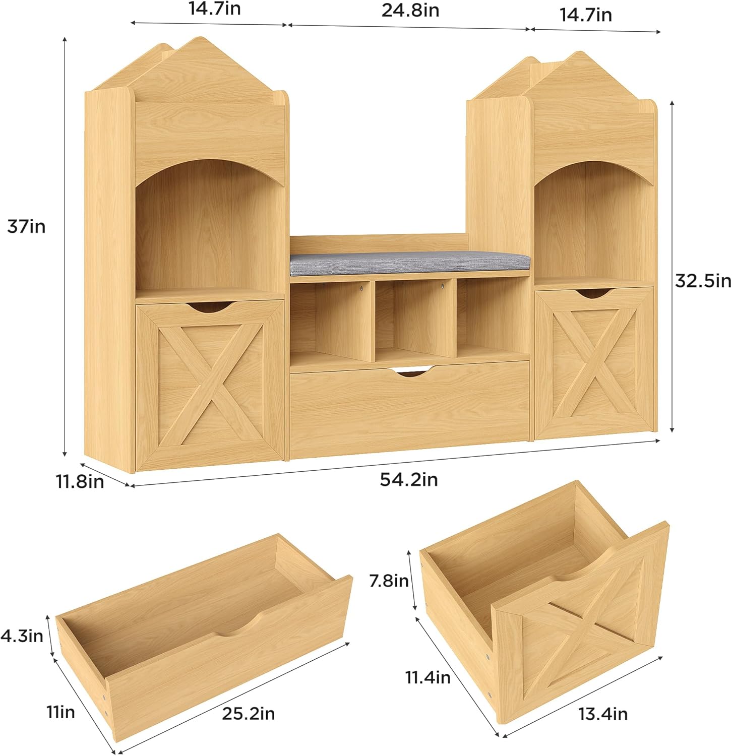 Vabches 54.3u2019u2019 Kids Bookshelf with Reading Nook, Toy Storage Organizer with Seat Cushion, LED Lights and 3 Movable Drawers, Castle-Shaped Bookcase with Bench for Playroom, Nursery, Bedroom (Natural)