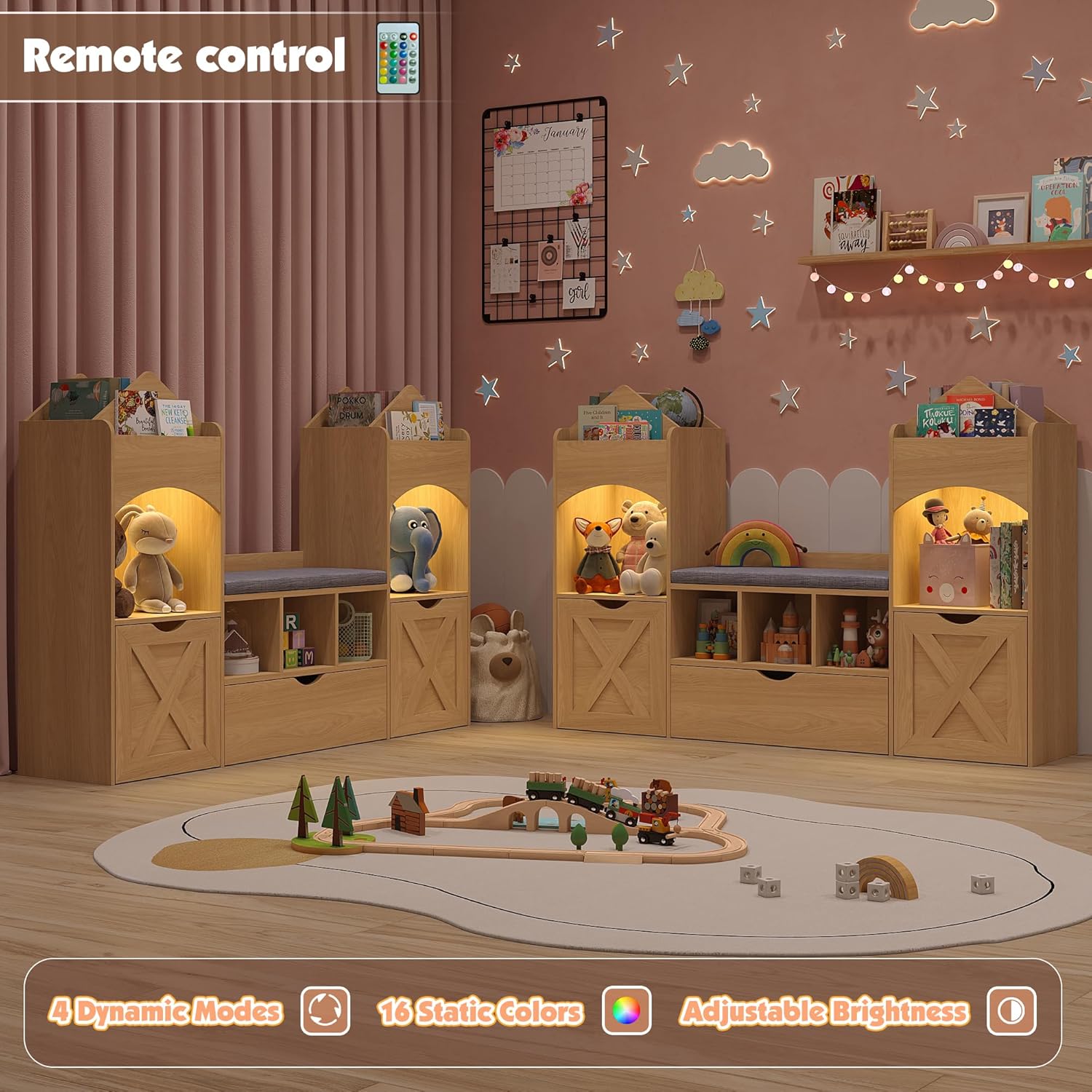 Alternative view of Vabches 54.3u2019u2019 Kids Bookshelf with Reading Nook, Toy Storage Organizer with Seat Cushion, LED Lights and 3 Movable Drawers, Castle-Shaped Bookcase with Bench for Playroom, Nursery, Bedroom (Natural)