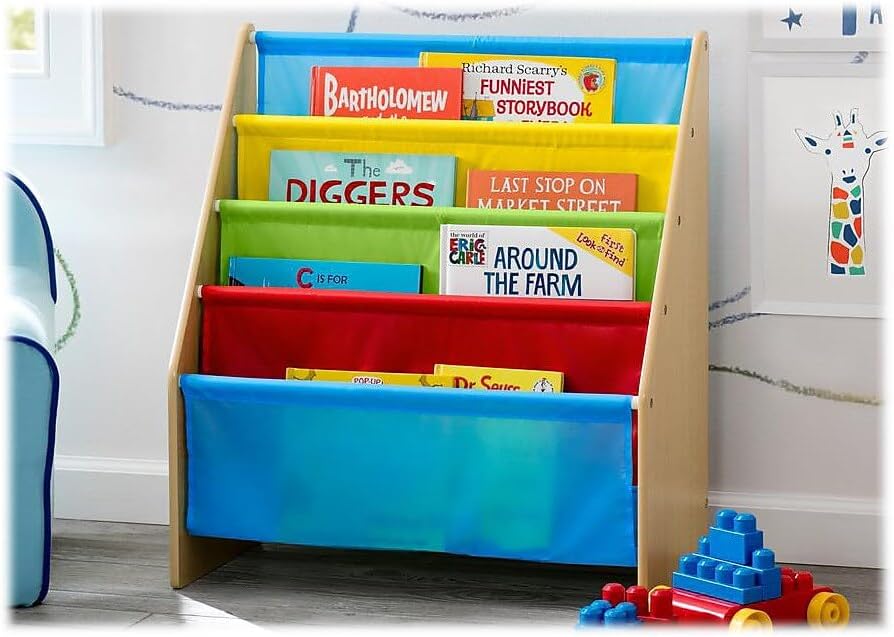 Delta Children Sling Book Rack Bookshelf, 4-Tier Wooden Shelf with Soft Fabric Pockets, Ideal for Playroom, Living Room, Basement, or Bedroom