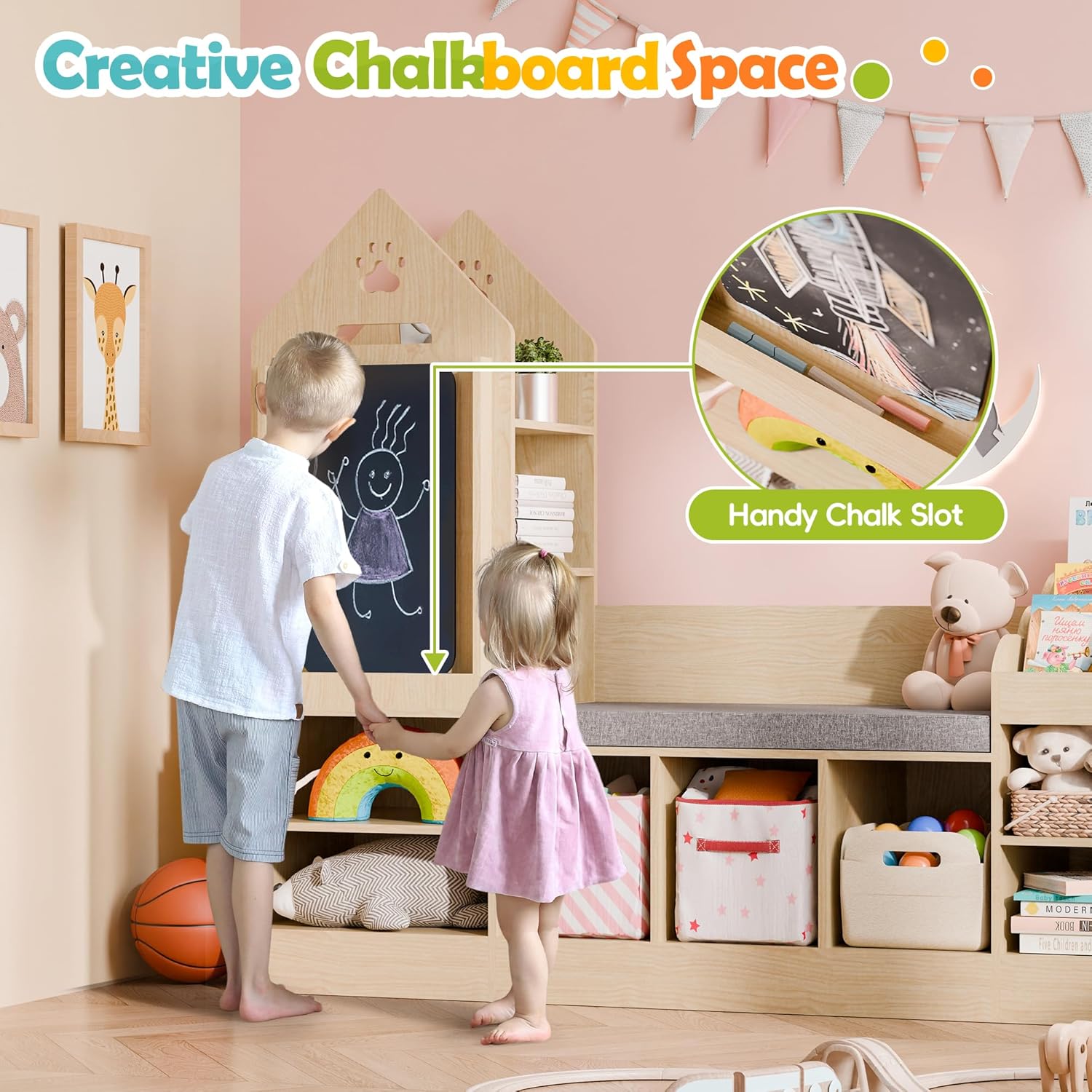 Alternative view of MU Kids Bookshelf with Reading Nook, Wooden Toy Storage Organizer with Chalkboard and Bench, Kids Reading Nook for Boys & Girls, Toddler Toy Shelf for Bedroom, Nursery, Playroom, Natural Oak