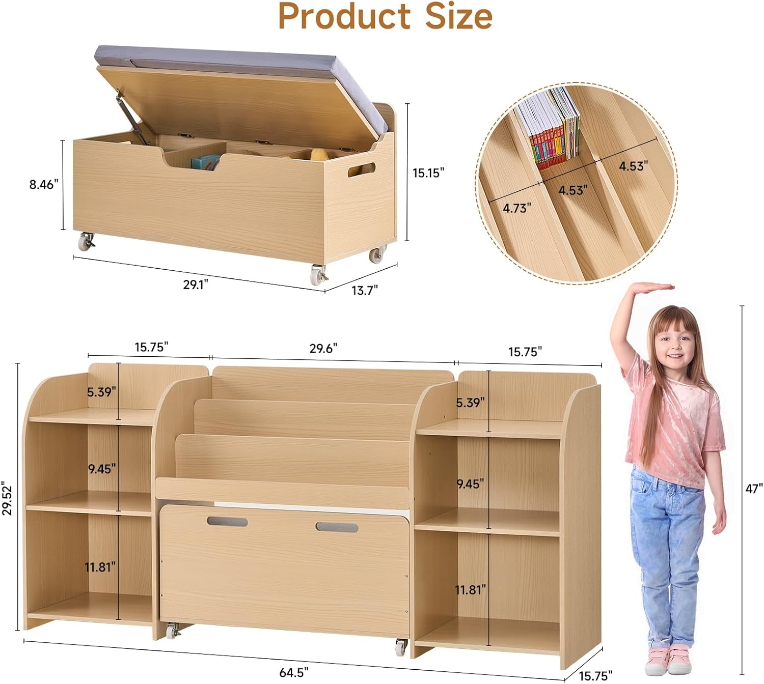 ONBRILL Kids Bookshelf with Reading Nook, 64.5" Toy Storage Organizer with Movable Bench with 3 Storage, Kids Bookcase with 3-Tier Bookshelf, 6 Storages Cubbies, Toy Box & Chest for Bedroom, Playroom