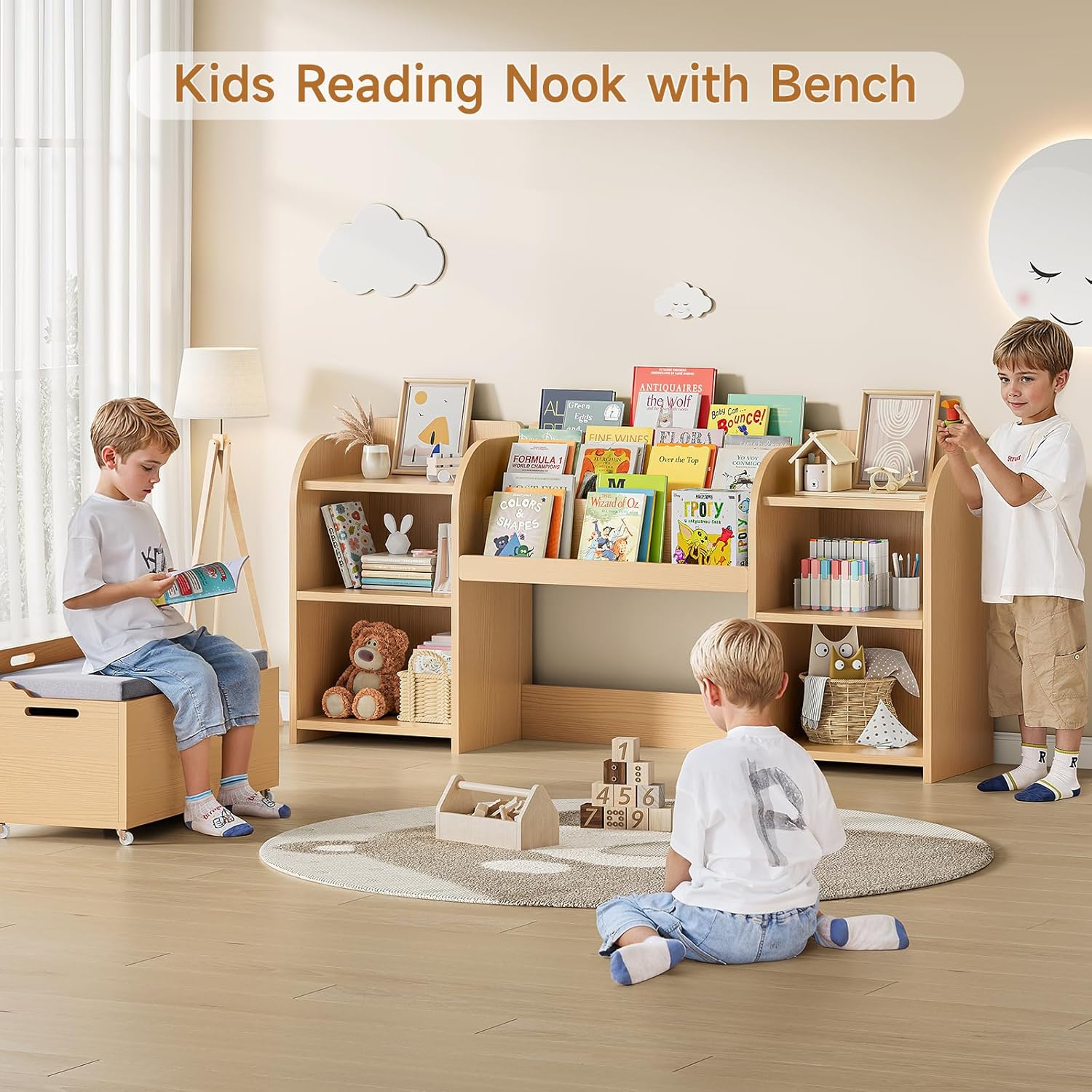Alternative view of ONBRILL Kids Bookshelf with Reading Nook, 64.5" Toy Storage Organizer with Movable Bench with 3 Storage, Kids Bookcase with 3-Tier Bookshelf, 6 Storages Cubbies, Toy Box & Chest for Bedroom, Playroom