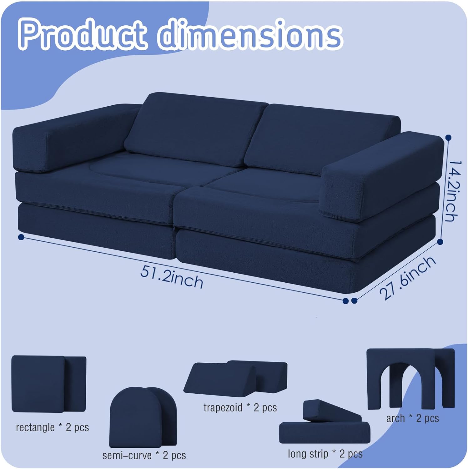 MeMoreCool Kids Modular Play Couch u2013 10-Piece Navy Foam Sofa Set, Convertible Playroom Furniture | Fold-Out Toddler Bed | Safe, Washable & Imaginative Design