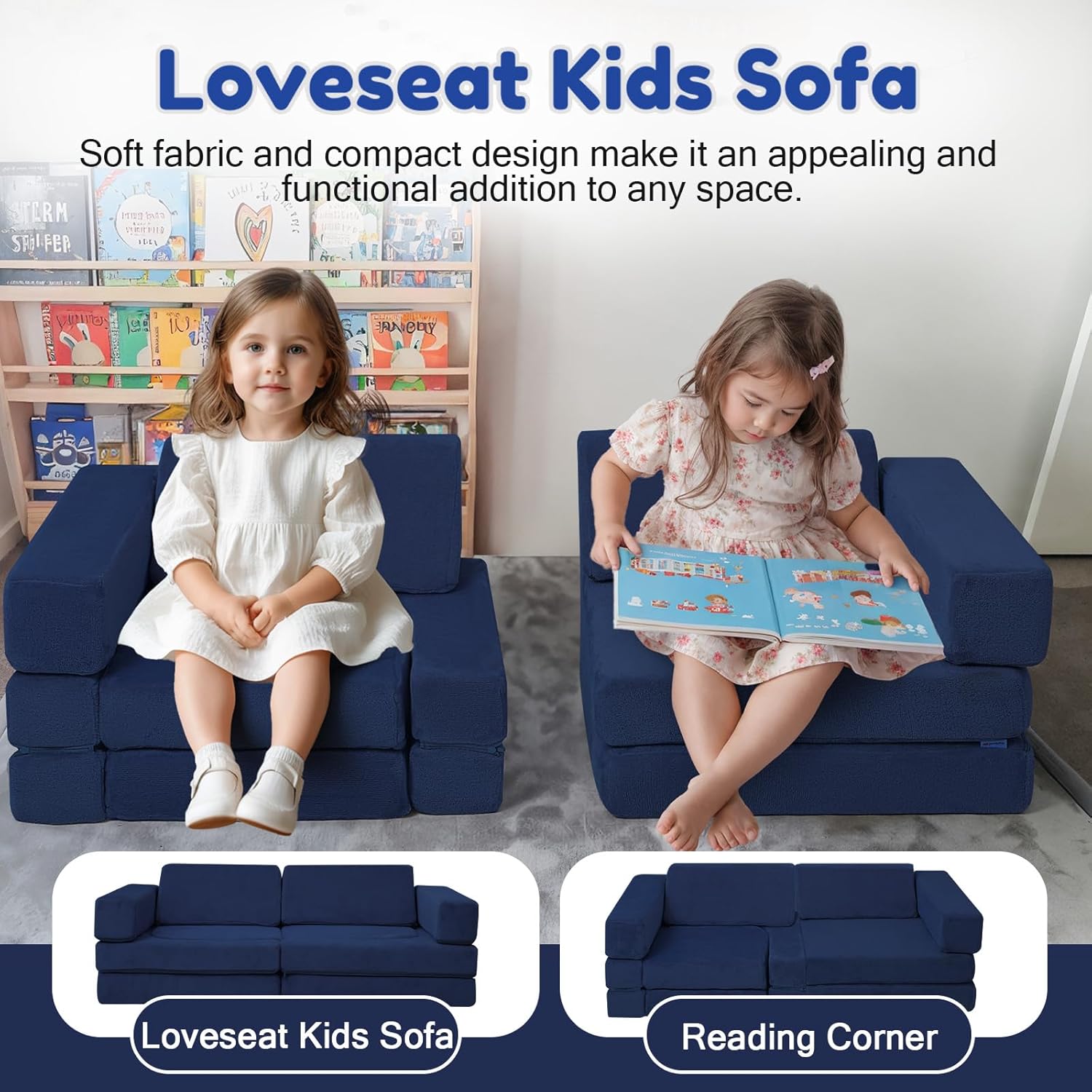 Alternative view of MeMoreCool Kids Modular Play Couch u2013 10-Piece Navy Foam Sofa Set, Convertible Playroom Furniture | Fold-Out Toddler Bed | Safe, Washable & Imaginative Design