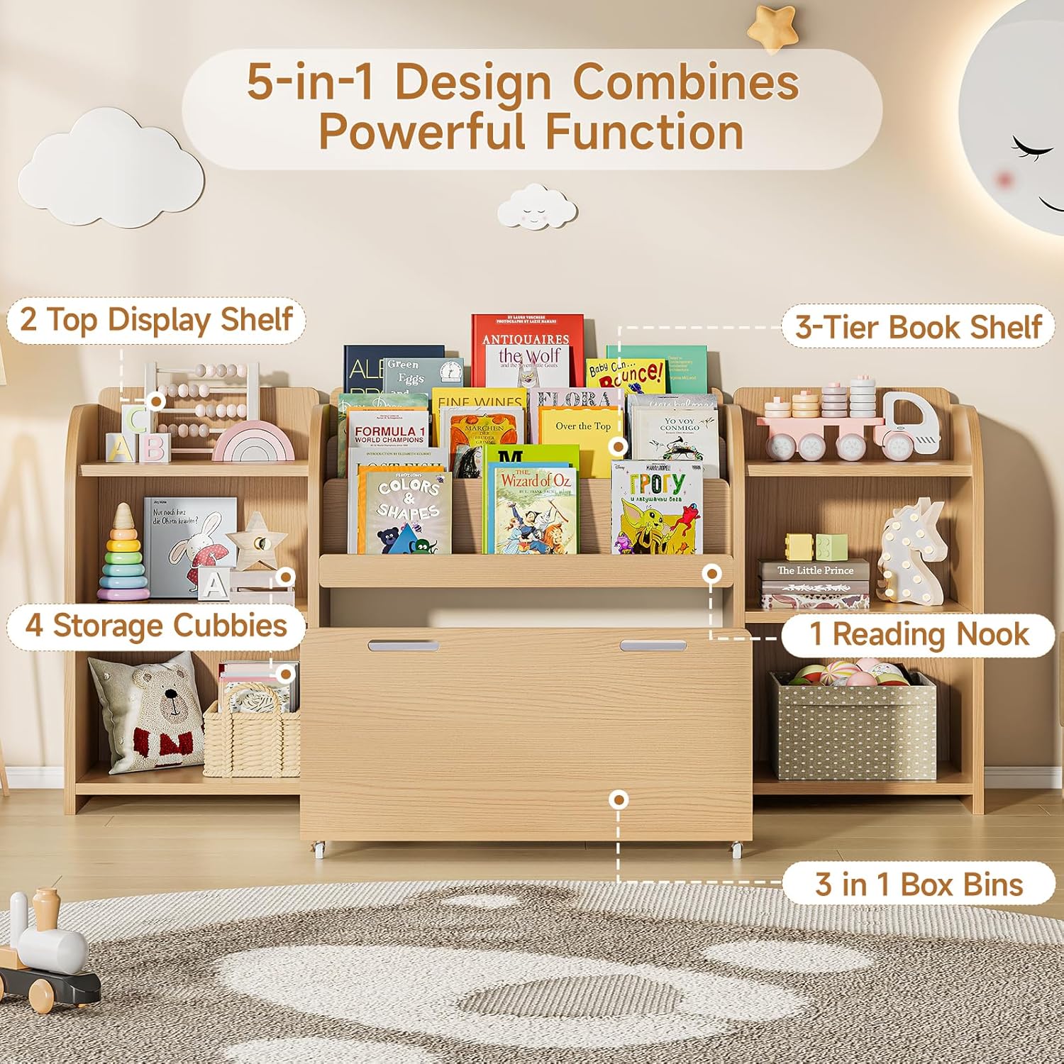 ONBRILL Kids Bookshelf with Reading Nook, 64.5" Toy Storage Organizer with Movable Bench with 3 Storage, Kids Bookcase with 3-Tier Bookshelf, 6 Storages Cubbies, Toy Box & Chest for Bedroom, Playroom - Image 3