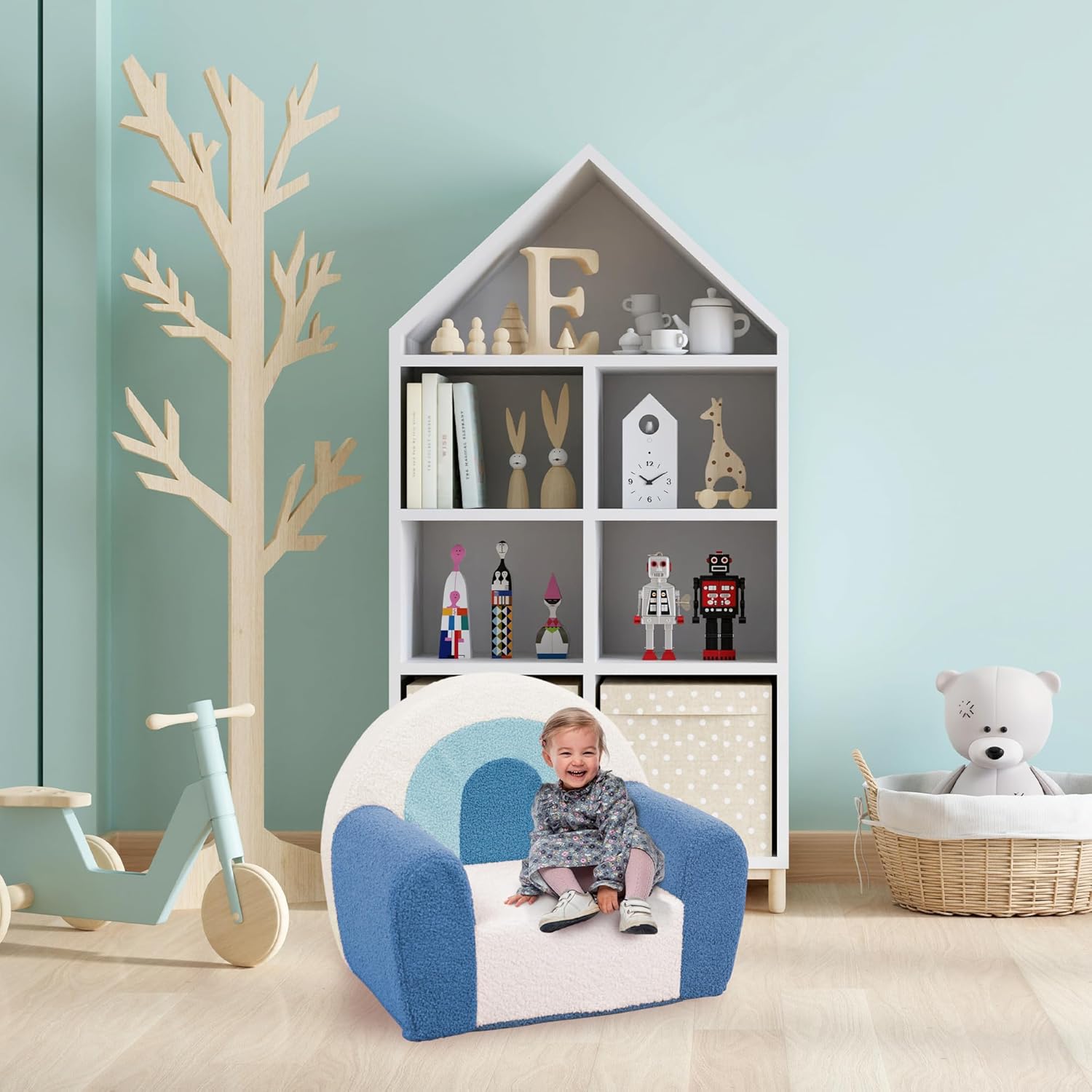 Oqto Baby Couch and Toddlers Couch u2013 Blue Edition. Soft and Colorful Rainbow Sofa for Kids, Playroom Furniture and Babyroom Décor, Great for Reading and Playtime, Ideal for Boys and Girls