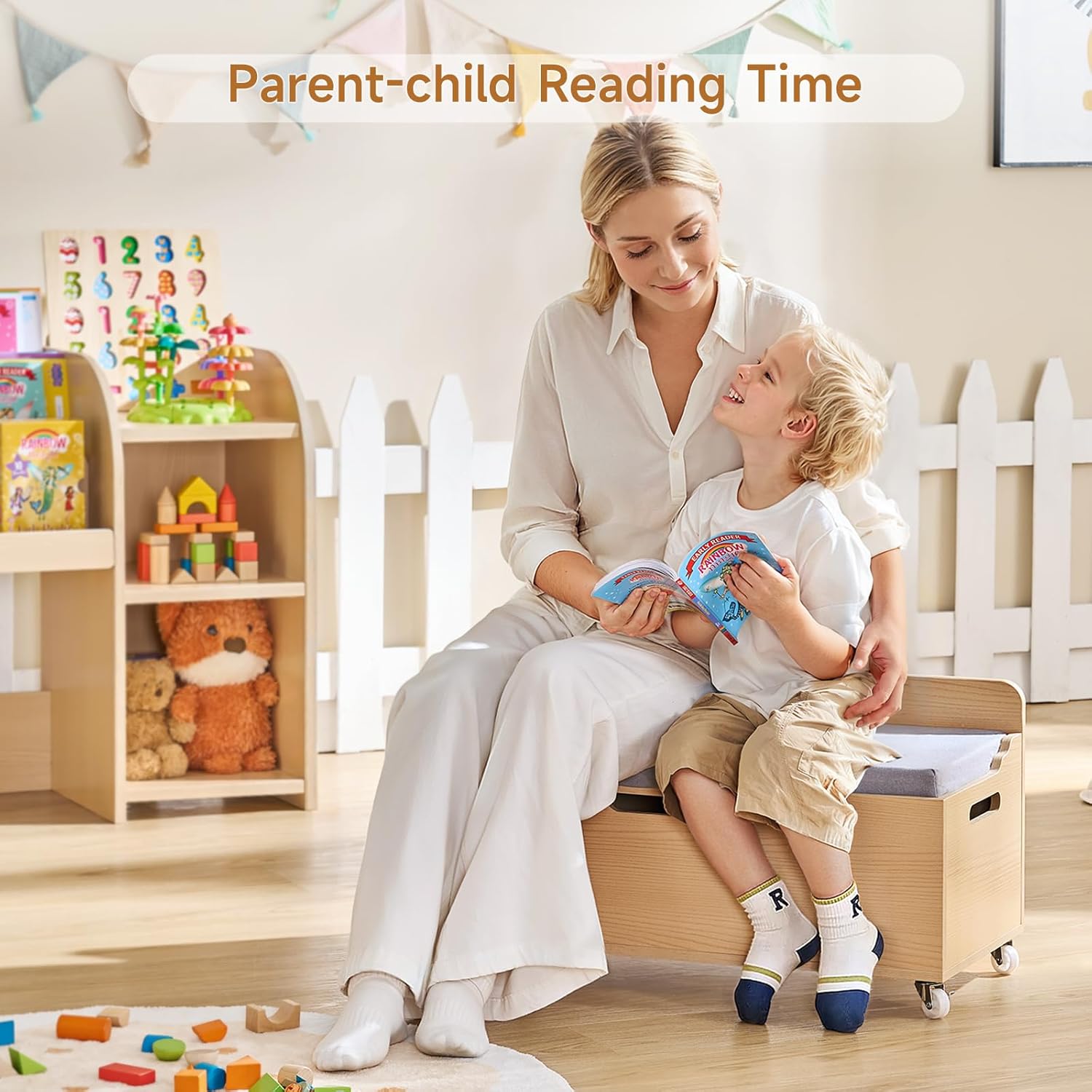 ONBRILL Kids Bookshelf with Reading Nook, 64.5" Toy Storage Organizer with Movable Bench with 3 Storage, Kids Bookcase with 3-Tier Bookshelf, 6 Storages Cubbies, Toy Box & Chest for Bedroom, Playroom - Image 5