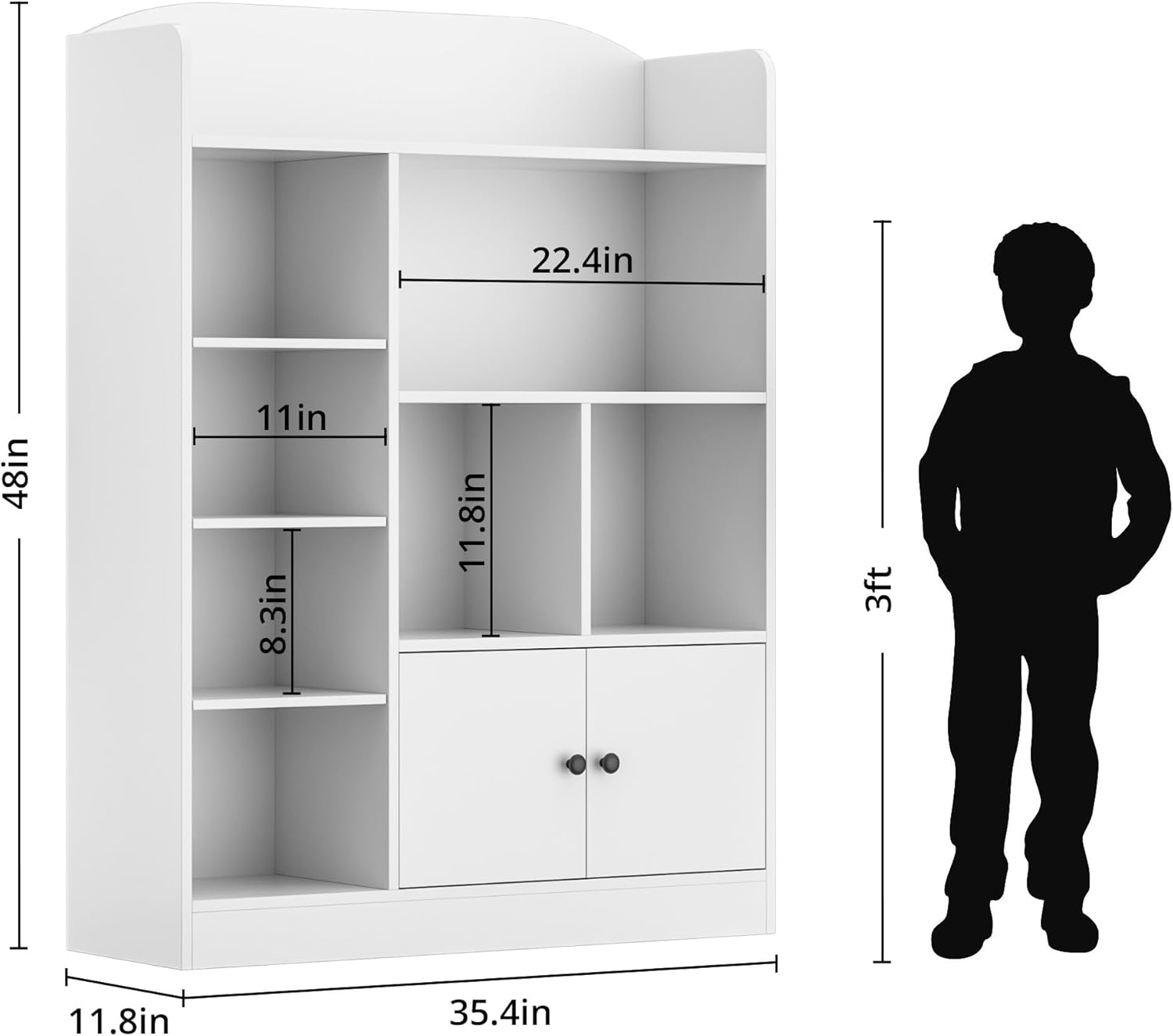 DIYART White Kids Bookshelf, Kids Bookcase with 7 Cubbies and 2 Cabinets, Freestanding Book Storage Shelves for Bedroom, Playroom, Hallway, 35.4" W x 48" H