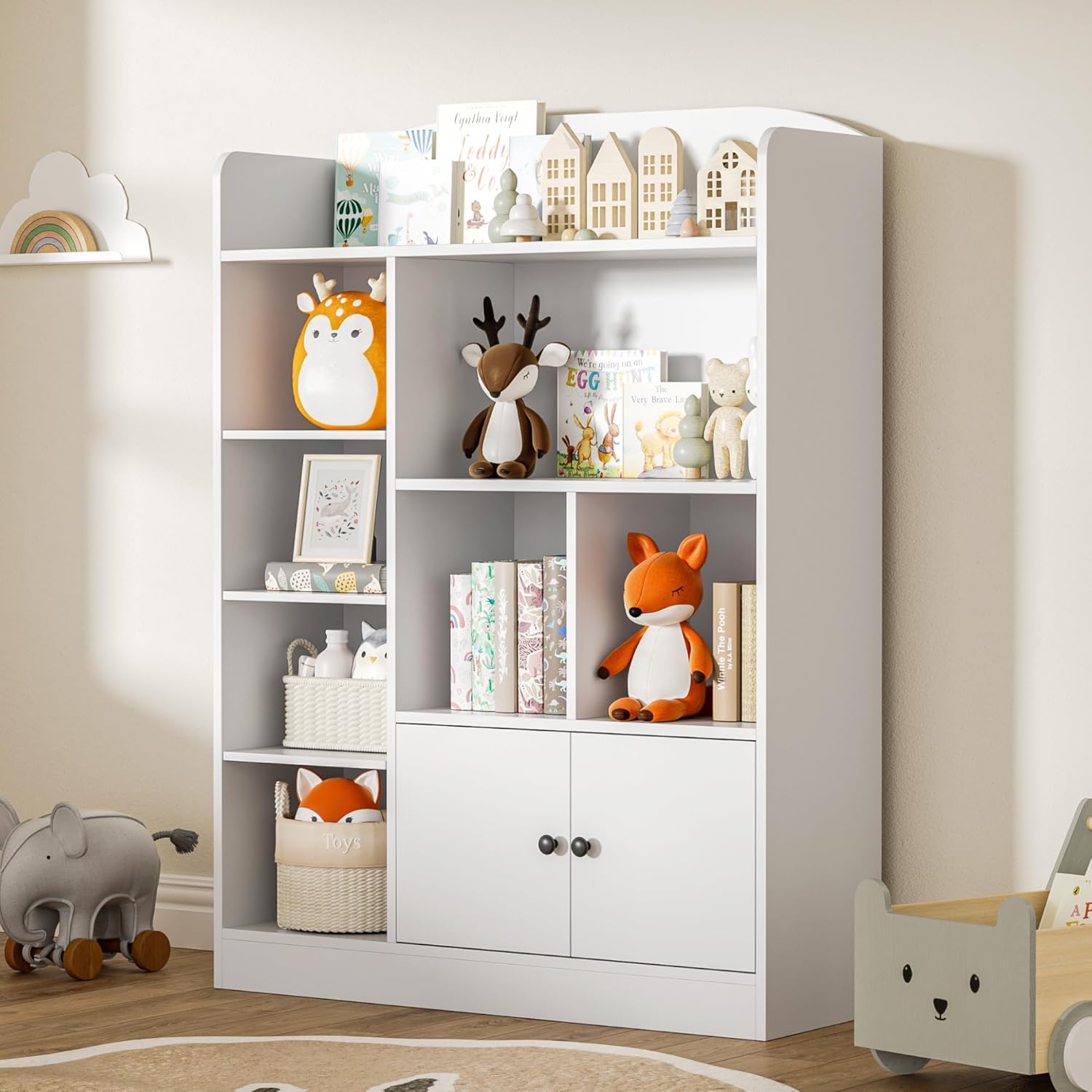 Alternative view of DIYART White Kids Bookshelf, Kids Bookcase with 7 Cubbies and 2 Cabinets, Freestanding Book Storage Shelves for Bedroom, Playroom, Hallway, 35.4" W x 48" H