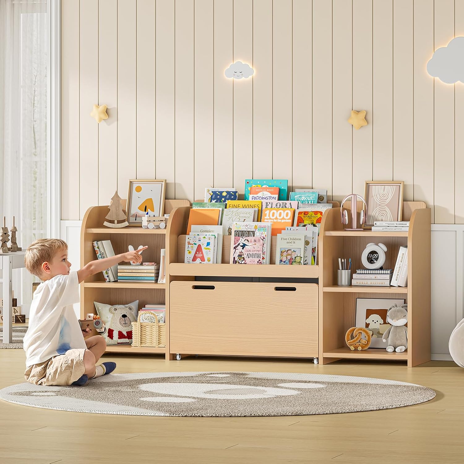 ONBRILL Kids Bookshelf with Reading Nook, 64.5" Toy Storage Organizer with Movable Bench with 3 Storage, Kids Bookcase with 3-Tier Bookshelf, 6 Storages Cubbies, Toy Box & Chest for Bedroom, Playroom - Image 7