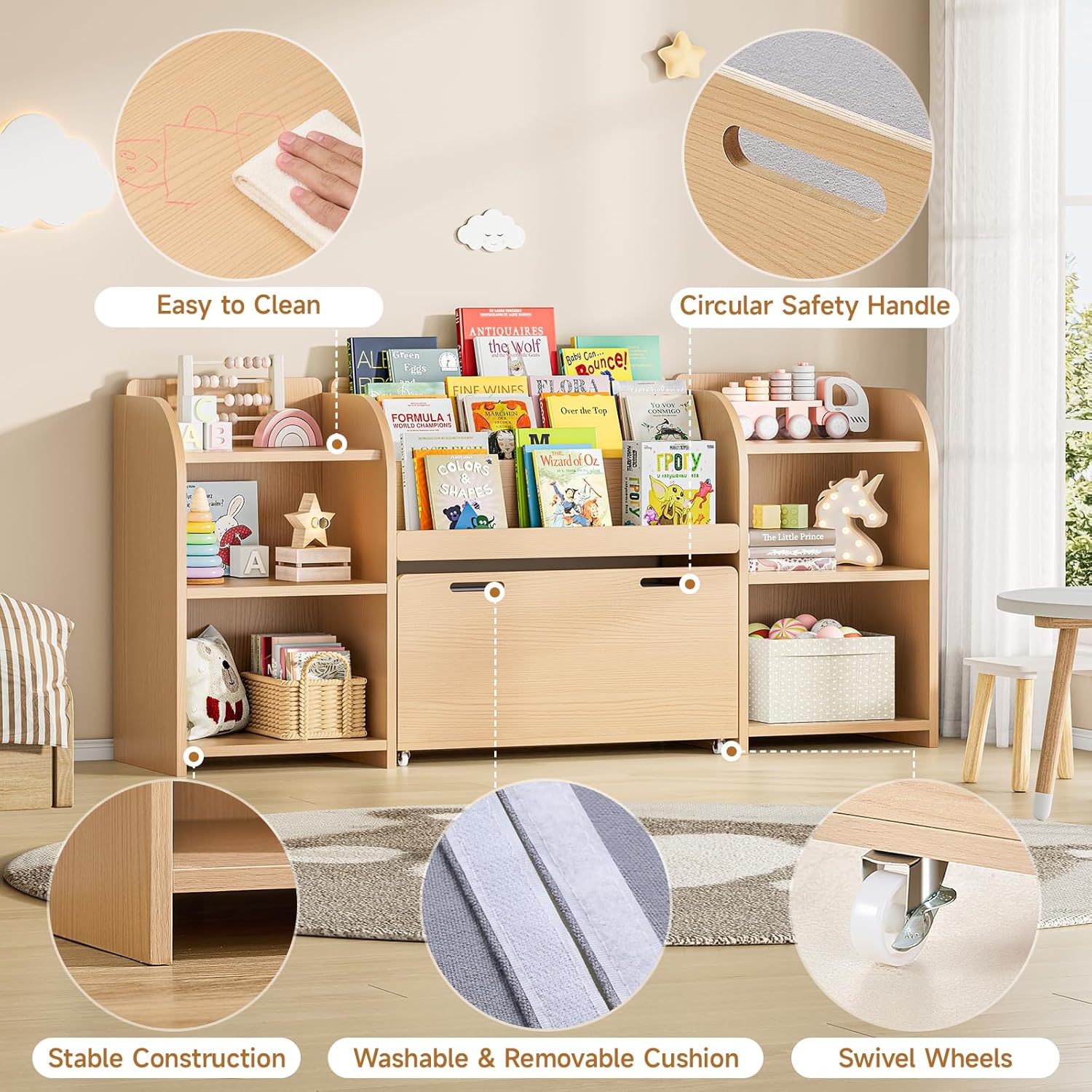 ONBRILL Kids Bookshelf with Reading Nook, 64.5" Toy Storage Organizer with Movable Bench with 3 Storage, Kids Bookcase with 3-Tier Bookshelf, 6 Storages Cubbies, Toy Box & Chest for Bedroom, Playroom - Image 8