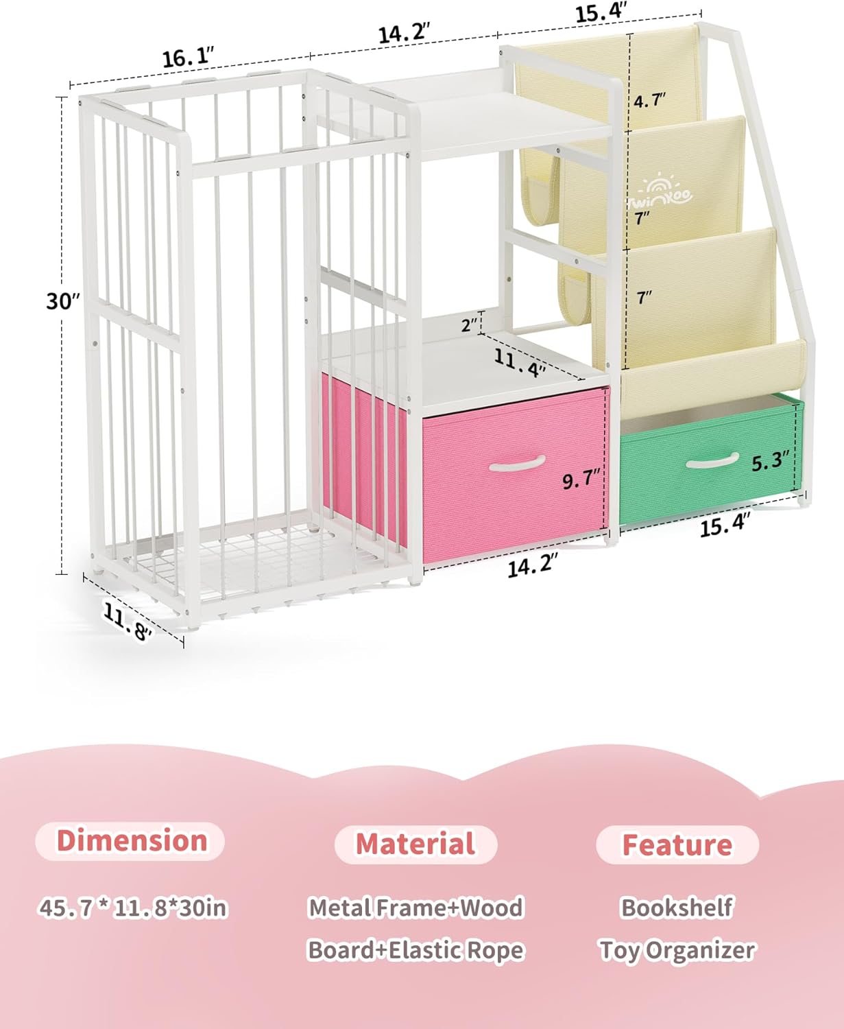Twinkoo Kids Bookshelf and Toy Storage, Large 3 Tier Book Shelf for Kids Rooms, Sling Baby Bookcase with Stuffed Animal Storage, Toddler Montessori Bookshelf for Nursery, Playroom (Pink+Green)