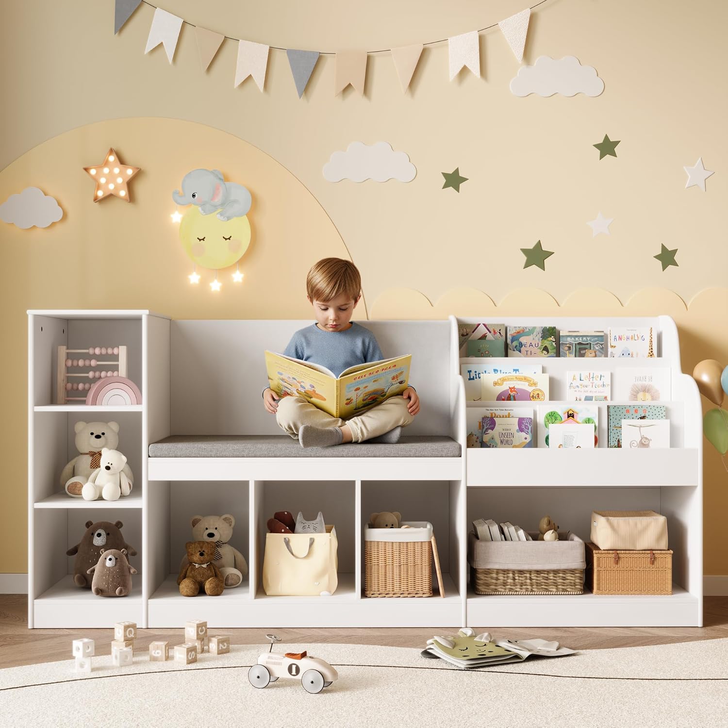 Gizoon 67" Kids Toy Storage Cabinet and Bookcase with Bench and 7 Open Shelves, Toy Chest Shelf Organizer with Anti-Tip Design & Rounded Corners for Playroom Bedroom Nursery Kids Room School