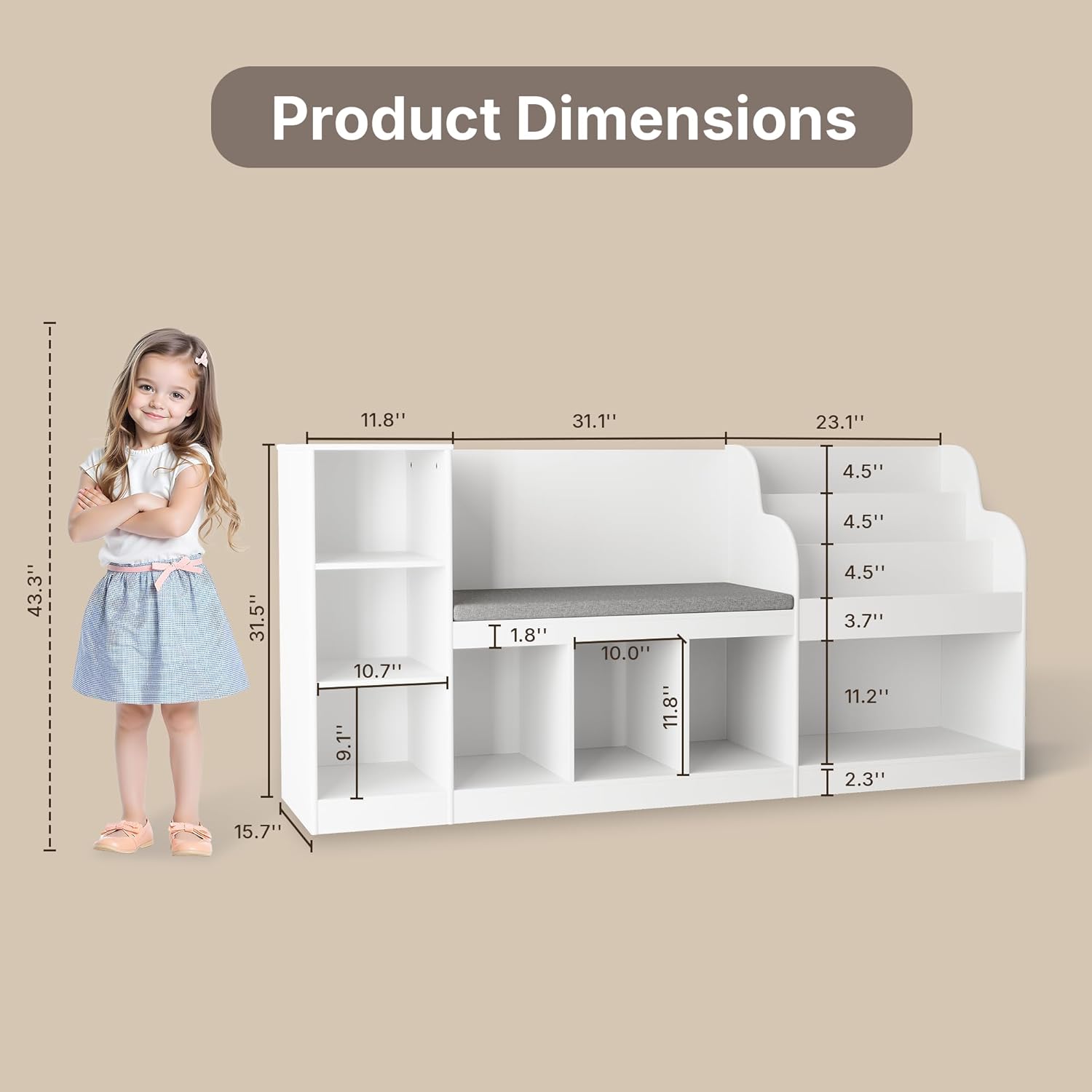 Alternative view of Gizoon 67" Kids Toy Storage Cabinet and Bookcase with Bench and 7 Open Shelves, Toy Chest Shelf Organizer with Anti-Tip Design & Rounded Corners for Playroom Bedroom Nursery Kids Room School