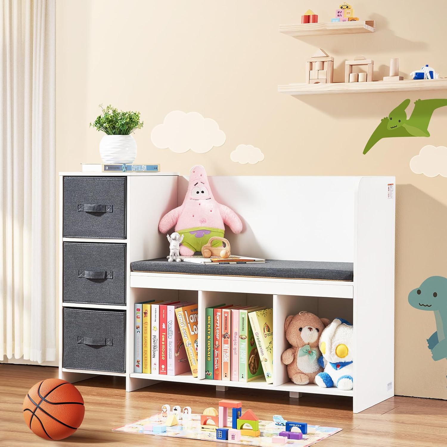 VEVOR Kids Reading Nook Bench, Toddler Bookshelf and Bookcase with Detachable Seat Cushion, 6-Cubby Storage Organizer Bench with 3 Drawers, Ideal for Playroom, Bedroom, Living Room or Entryway, White