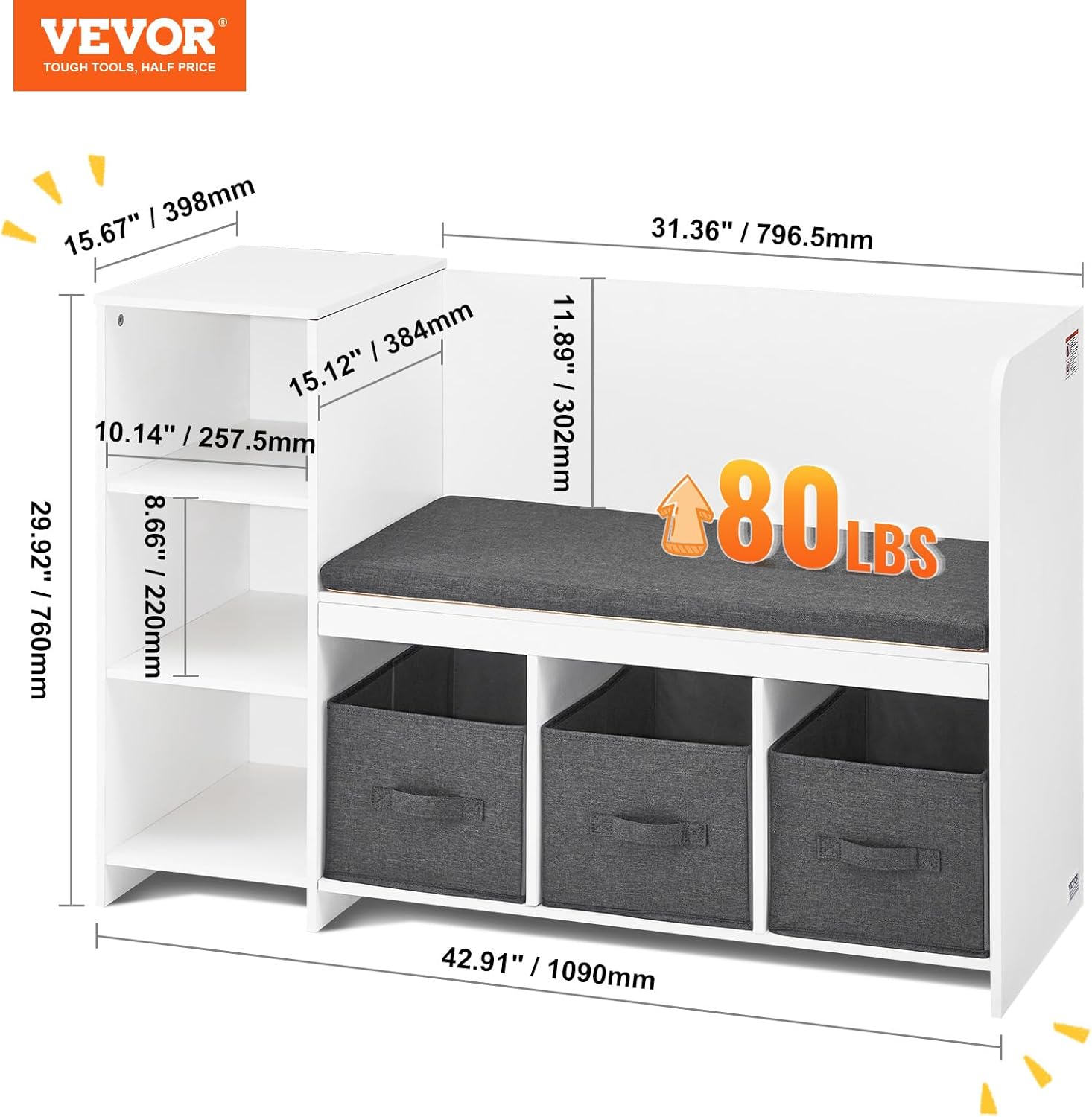 Alternative view of VEVOR Kids Reading Nook Bench, Toddler Bookshelf and Bookcase with Detachable Seat Cushion, 6-Cubby Storage Organizer Bench with 3 Drawers, Ideal for Playroom, Bedroom, Living Room or Entryway, White