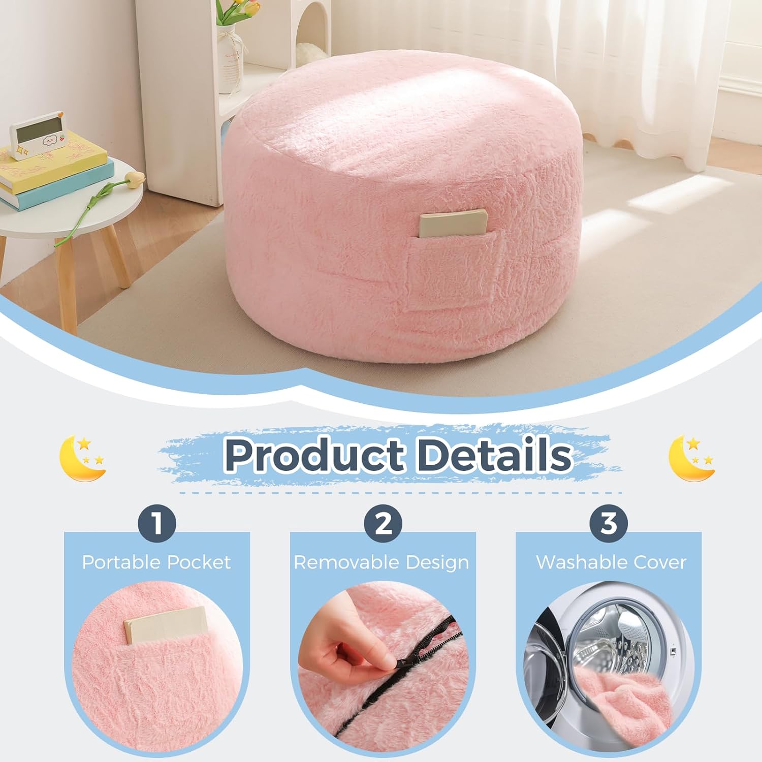 MAXYOYO Bean Bag Chair Bed for Kids, Convertible Bean Bag Folds from Lazy Chair to Floor Mattress Bed, Stuffed Floor Sofa Couch Sofa Bed for Boys and Girls, High-Density Foam Filling, Pink - Image 4