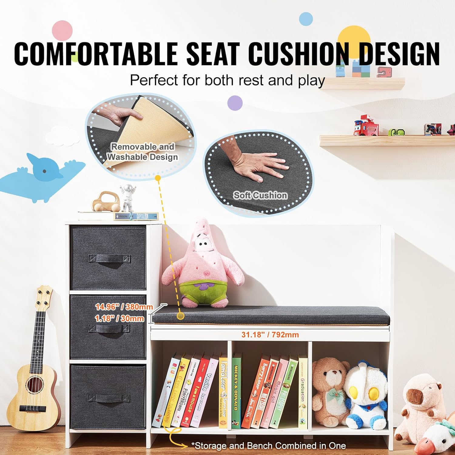 VEVOR Kids Reading Nook Bench, Toddler Bookshelf and Bookcase with Detachable Seat Cushion, 6-Cubby Storage Organizer Bench with 3 Drawers, Ideal for Playroom, Bedroom, Living Room or Entryway, White - Image 4