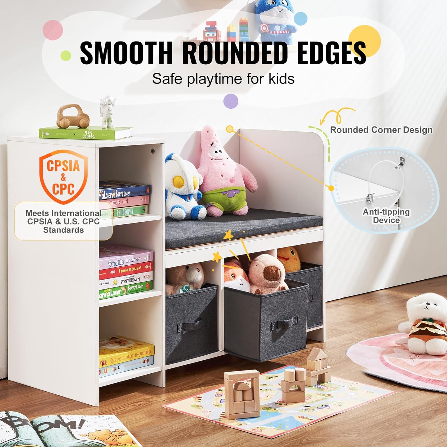 VEVOR Kids Reading Nook Bench, Toddler Bookshelf and Bookcase with Detachable Seat Cushion, 6-Cubby Storage Organizer Bench with 3 Drawers, Ideal for Playroom, Bedroom, Living Room or Entryway, White - Image 5