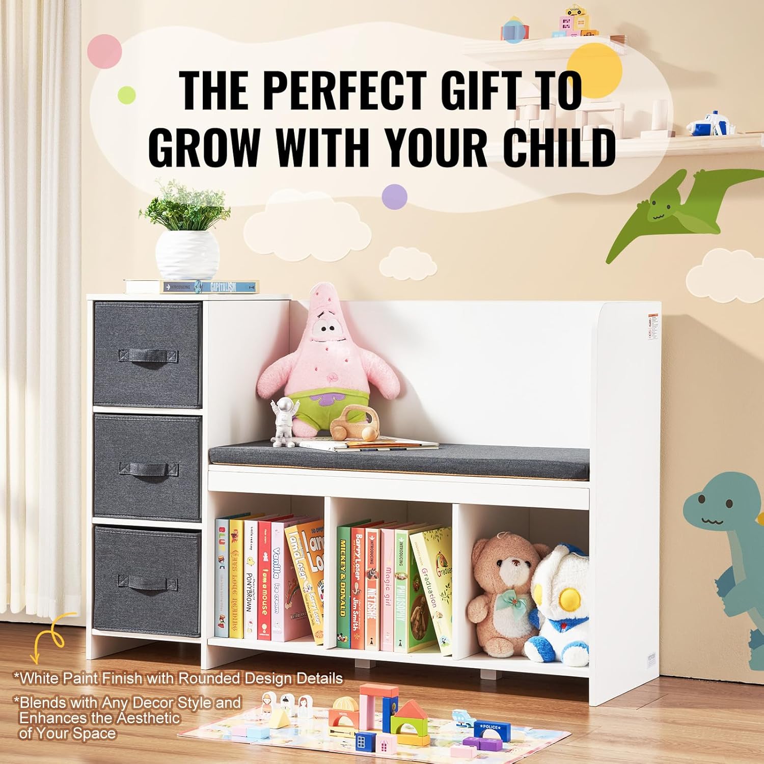 VEVOR Kids Reading Nook Bench, Toddler Bookshelf and Bookcase with Detachable Seat Cushion, 6-Cubby Storage Organizer Bench with 3 Drawers, Ideal for Playroom, Bedroom, Living Room or Entryway, White - Image 6