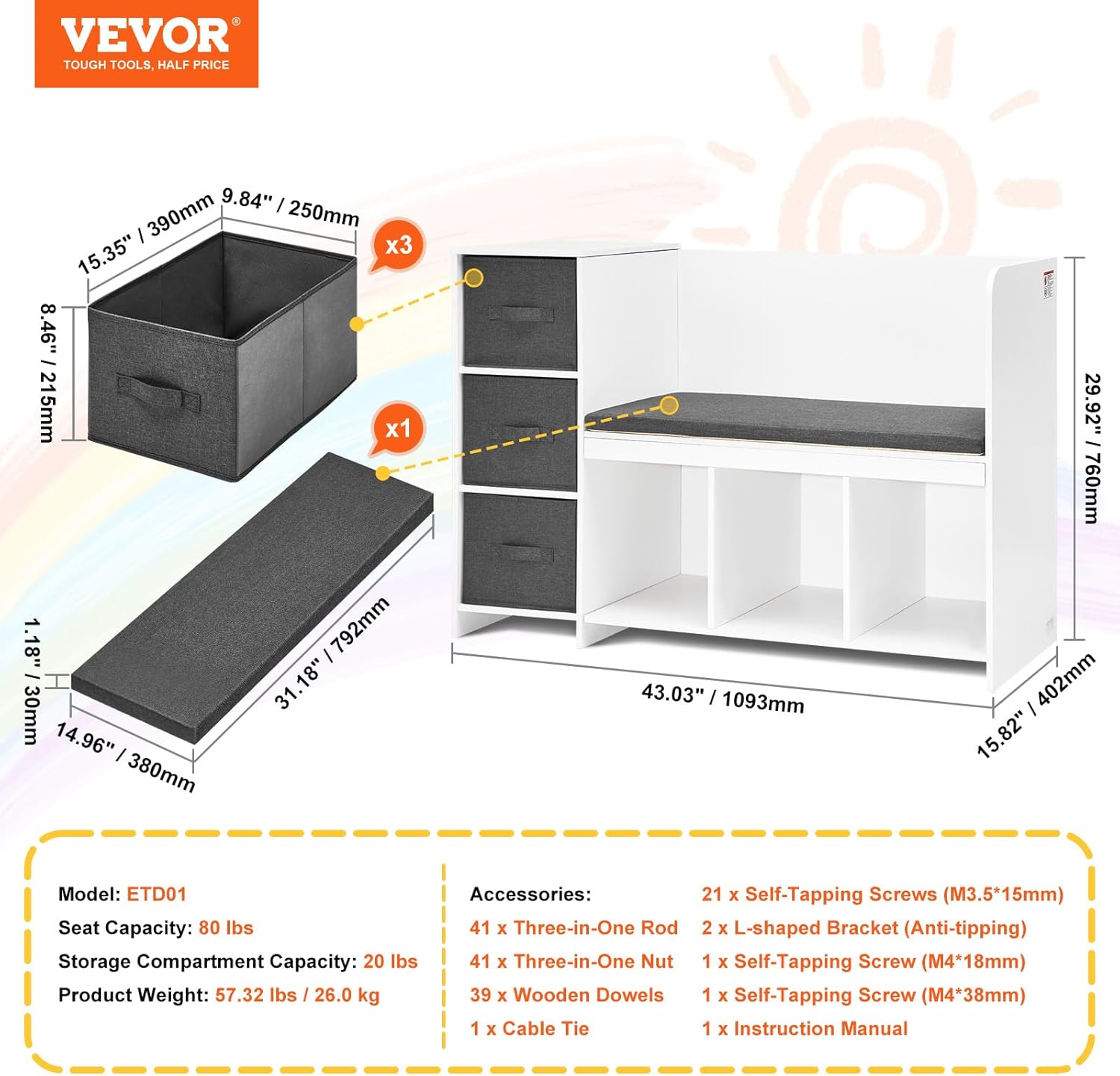 VEVOR Kids Reading Nook Bench, Toddler Bookshelf and Bookcase with Detachable Seat Cushion, 6-Cubby Storage Organizer Bench with 3 Drawers, Ideal for Playroom, Bedroom, Living Room or Entryway, White - Image 7