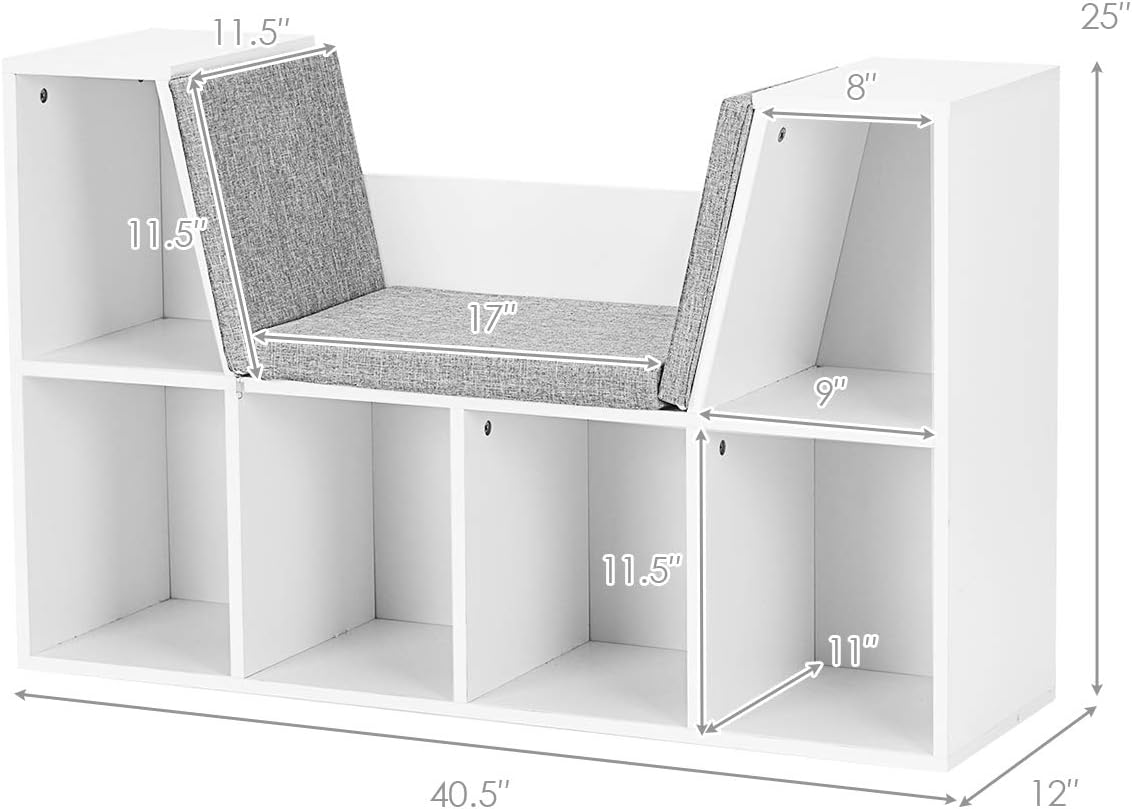 Alternative view of Costzon Kids Bookshelf with Reading Nook, 6 Cubby Bookcase with Soft Seat Cushion, Wooden Toy Storage Organizer with Bench, Book Shelf for Kids Room, Playroom, Nursery, Daycare