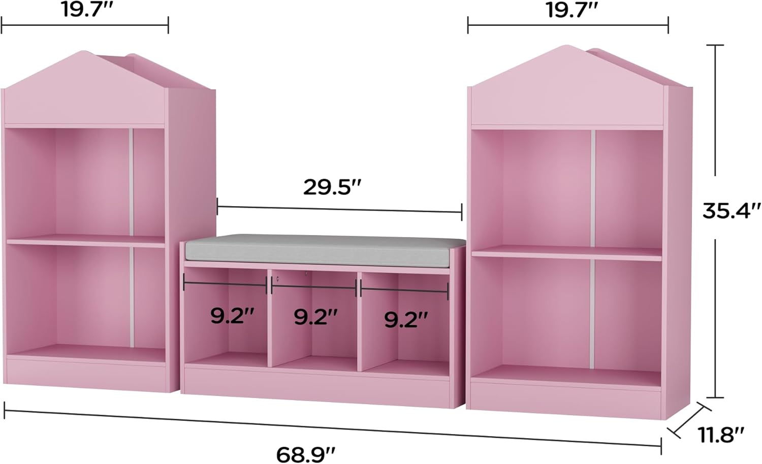 MHOM 68.9u201C Kids Bookshelf with Reading Nook, Toy Storage Organizer with Seat Cushion and 7 Storage Cubbies, Wooden Kids Bookcase, Toy Organizers for Nursery, Playroom, Pink