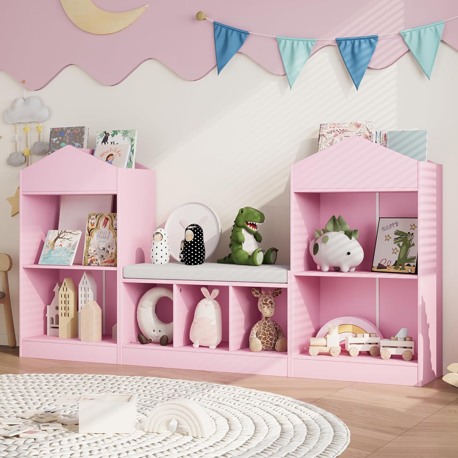 Alternative view of MHOM 68.9u201C Kids Bookshelf with Reading Nook, Toy Storage Organizer with Seat Cushion and 7 Storage Cubbies, Wooden Kids Bookcase, Toy Organizers for Nursery, Playroom, Pink