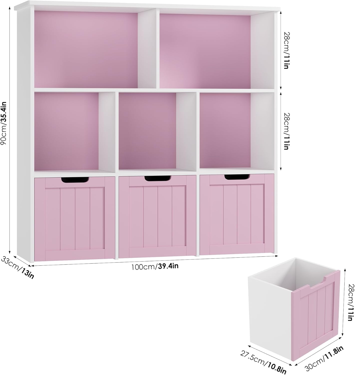 FOTOSOK Toy Storage Organizer with 3 Movable Drawers, Floor Storage Cabinet Toy Chest with Hidden Wheels and 5 Storage Cubbies, Multifunctional Storage Chest for Living Room, Home Office, Pink