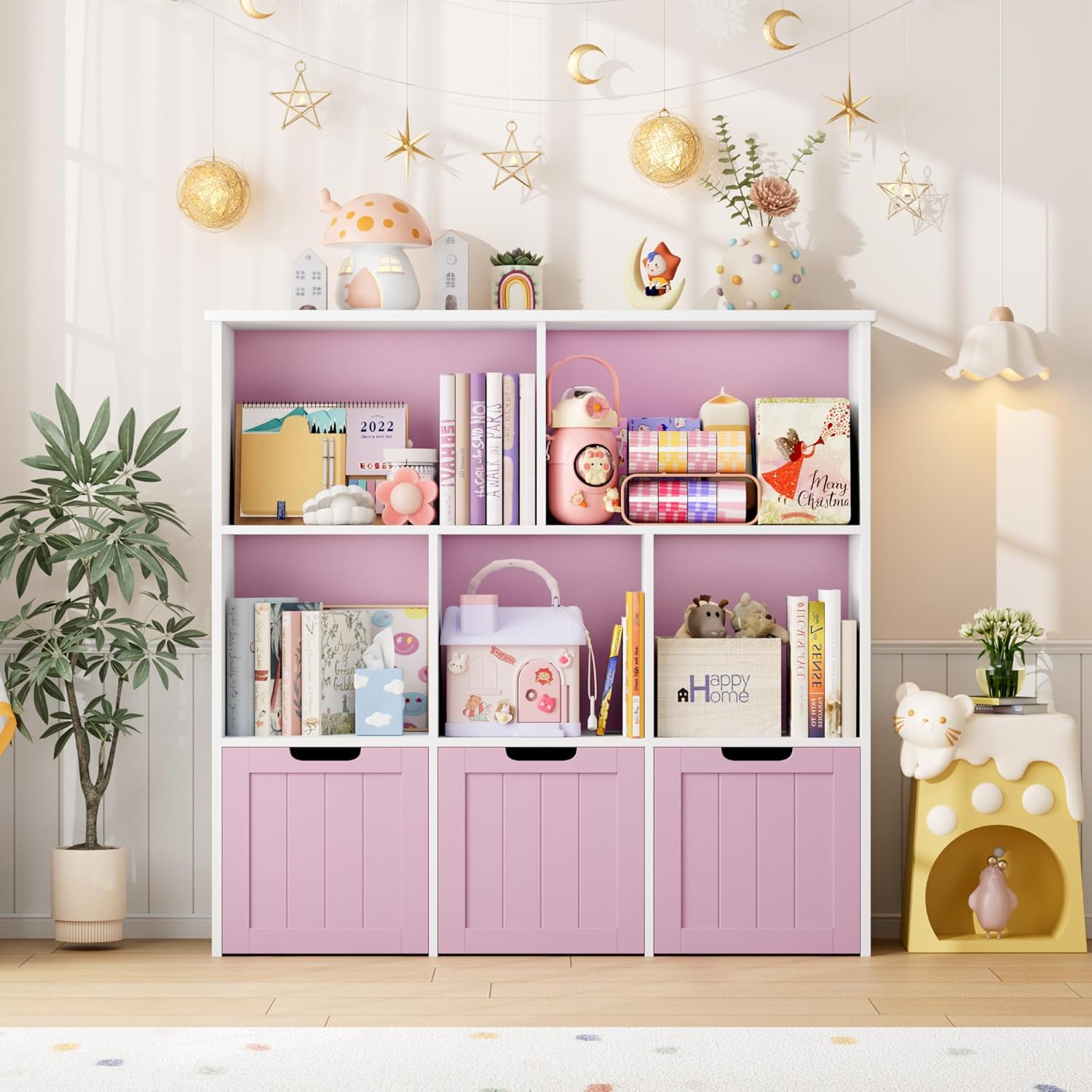 Alternative view of FOTOSOK Toy Storage Organizer with 3 Movable Drawers, Floor Storage Cabinet Toy Chest with Hidden Wheels and 5 Storage Cubbies, Multifunctional Storage Chest for Living Room, Home Office, Pink