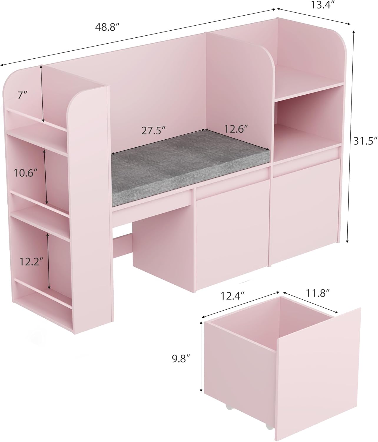 VortinT Kids Reading Nook with Bookshelf and 3 Movable Drawers, Kids Bookshelf with Toy Storage Organizer, Children Bookcase with Seat Cushion for Girl Gift, Playroom, Bedroom, School, Pink