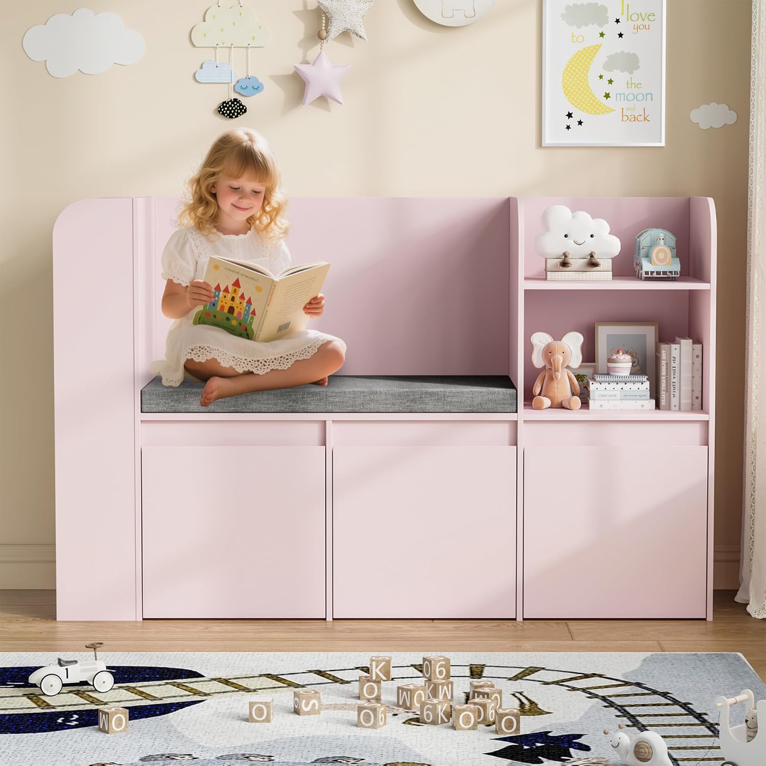 Alternative view of VortinT Kids Reading Nook with Bookshelf and 3 Movable Drawers, Kids Bookshelf with Toy Storage Organizer, Children Bookcase with Seat Cushion for Girl Gift, Playroom, Bedroom, School, Pink