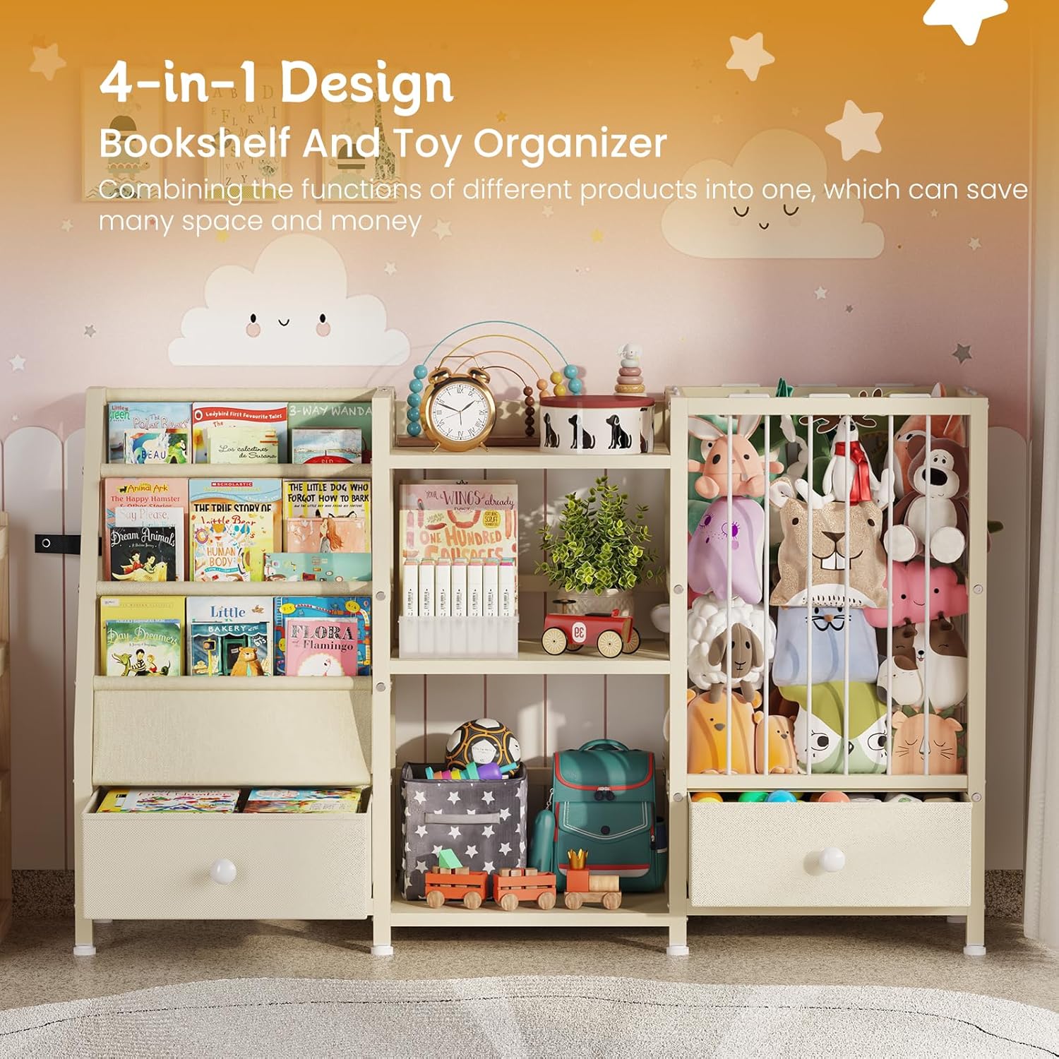Alternative view of Creso hom Kids Bookshelf and Toy Storage, Montessori Baby Bookcase with Stuffed Animal Storage and 2 Drawers, 3-Tier Sling Book Shelf for Kids Room, Nursery, Kindergarten, Playroom, Beige