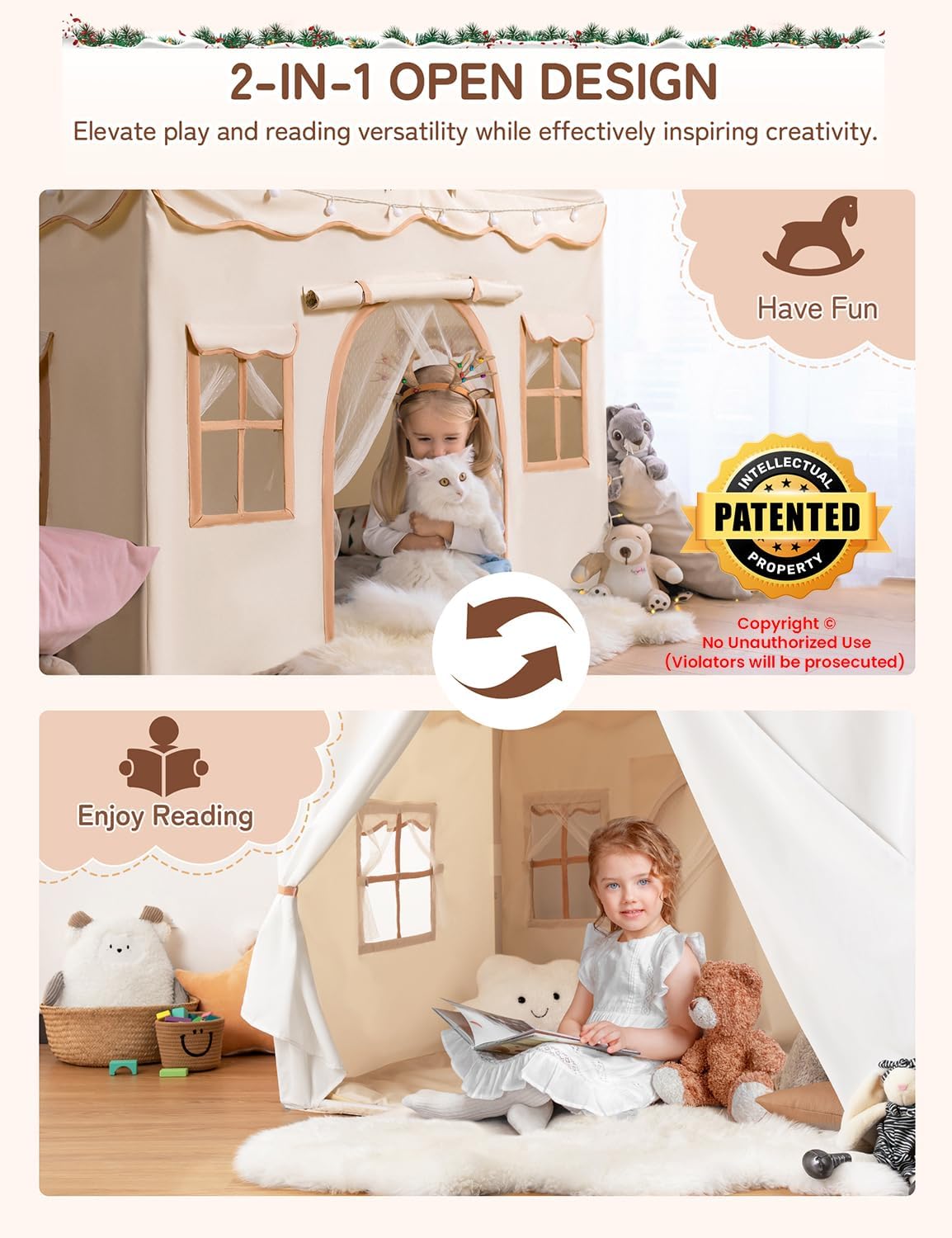 Besrey Kids Play Tent 2 in 1 with Padded Mat and Lights, Large Kids Playhouse with 2 Doors & 4 Windows, Indoor & Outdoor, Christmas Toddler Tent, 51" x35" x 51"