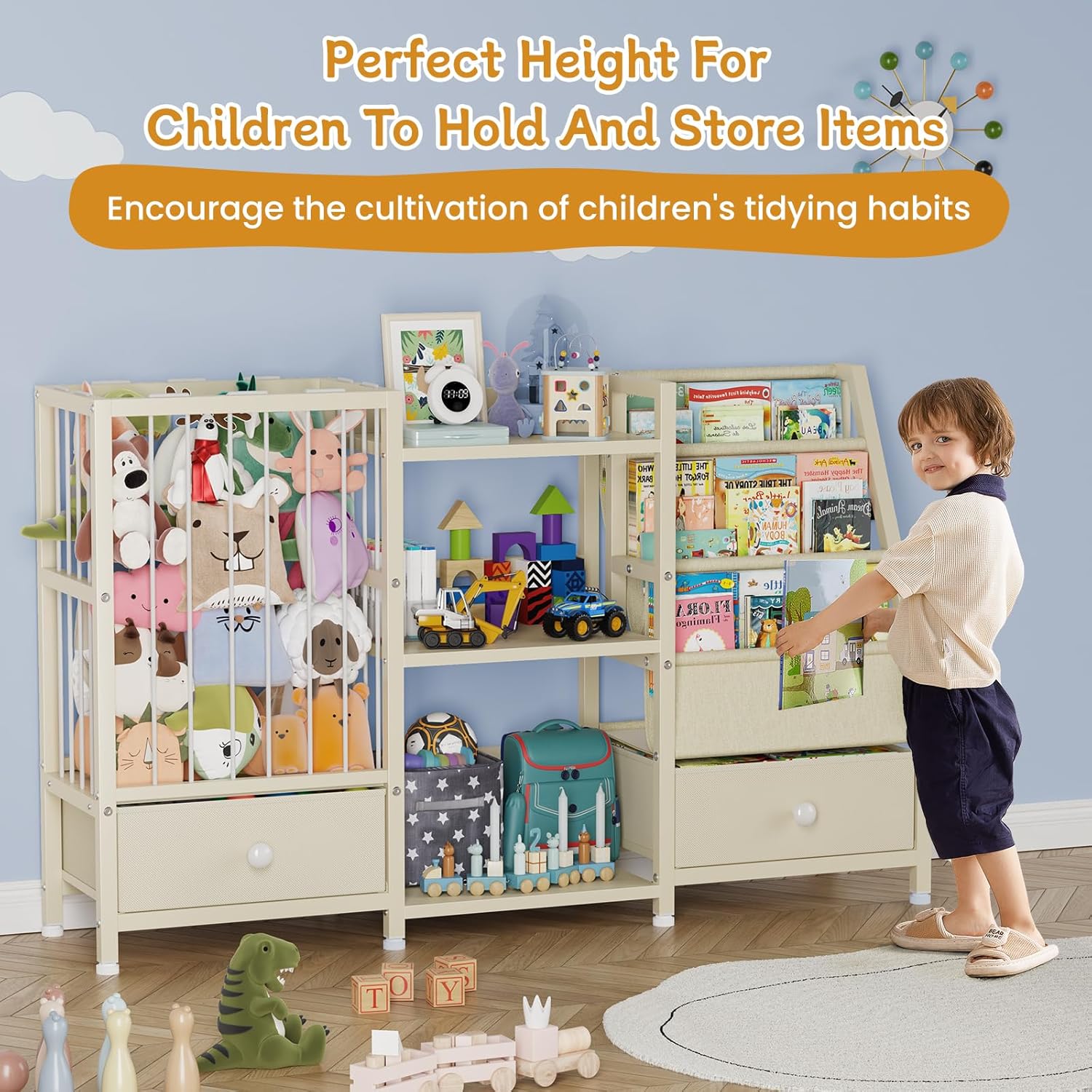 Creso hom Kids Bookshelf and Toy Storage, Montessori Baby Bookcase with Stuffed Animal Storage and 2 Drawers, 3-Tier Sling Book Shelf for Kids Room, Nursery, Kindergarten, Playroom, Beige - Image 3