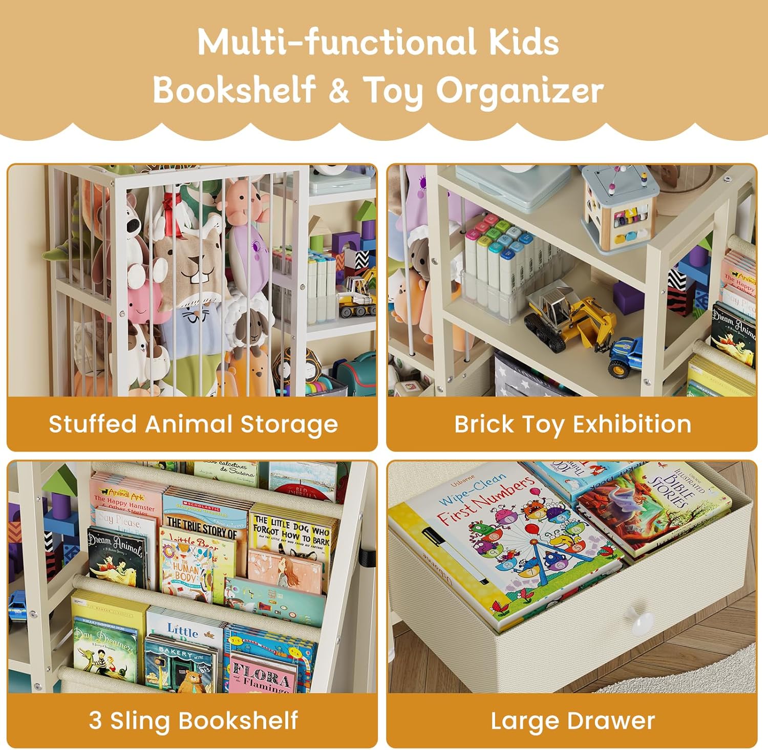 Creso hom Kids Bookshelf and Toy Storage, Montessori Baby Bookcase with Stuffed Animal Storage and 2 Drawers, 3-Tier Sling Book Shelf for Kids Room, Nursery, Kindergarten, Playroom, Beige - Image 5