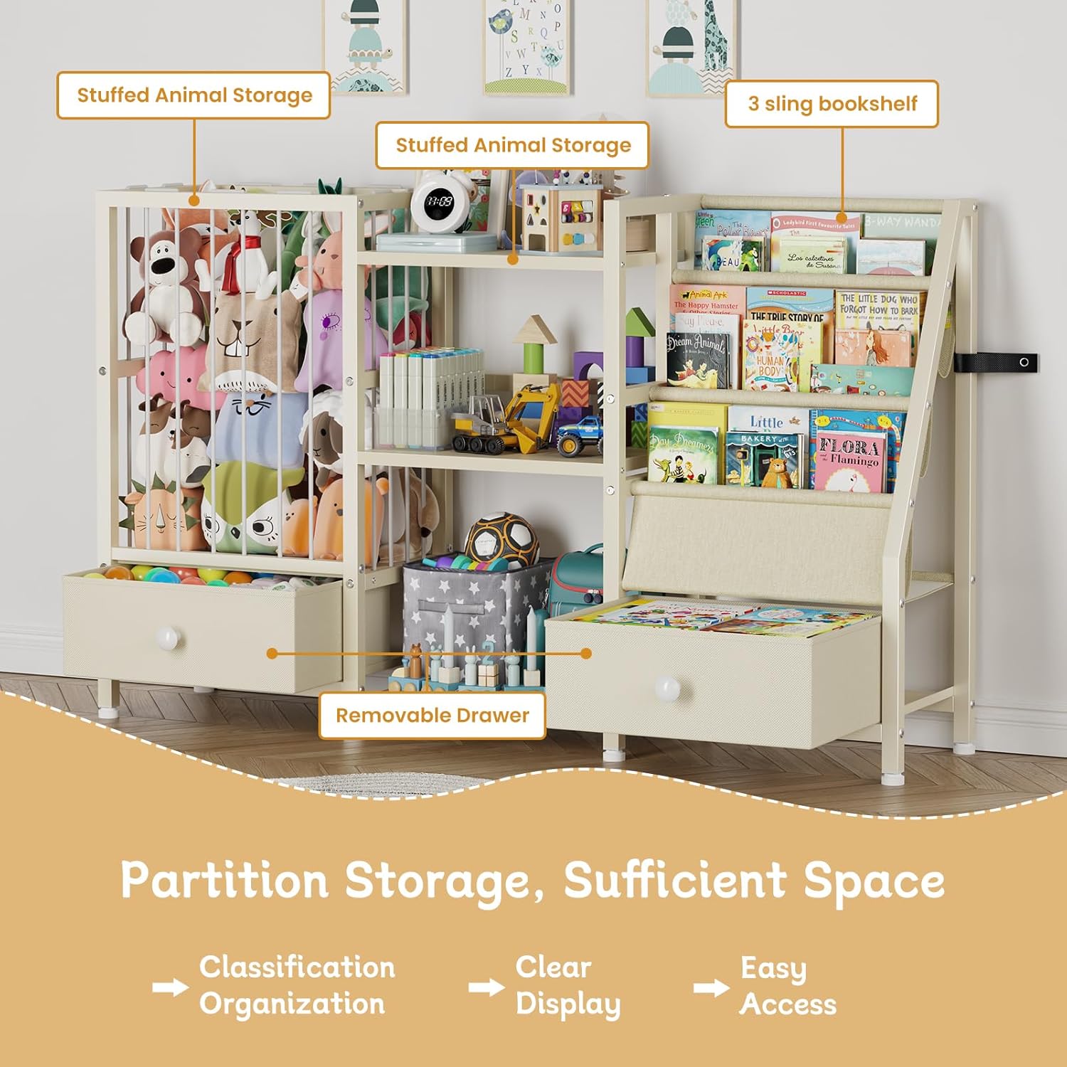 Creso hom Kids Bookshelf and Toy Storage, Montessori Baby Bookcase with Stuffed Animal Storage and 2 Drawers, 3-Tier Sling Book Shelf for Kids Room, Nursery, Kindergarten, Playroom, Beige - Image 7