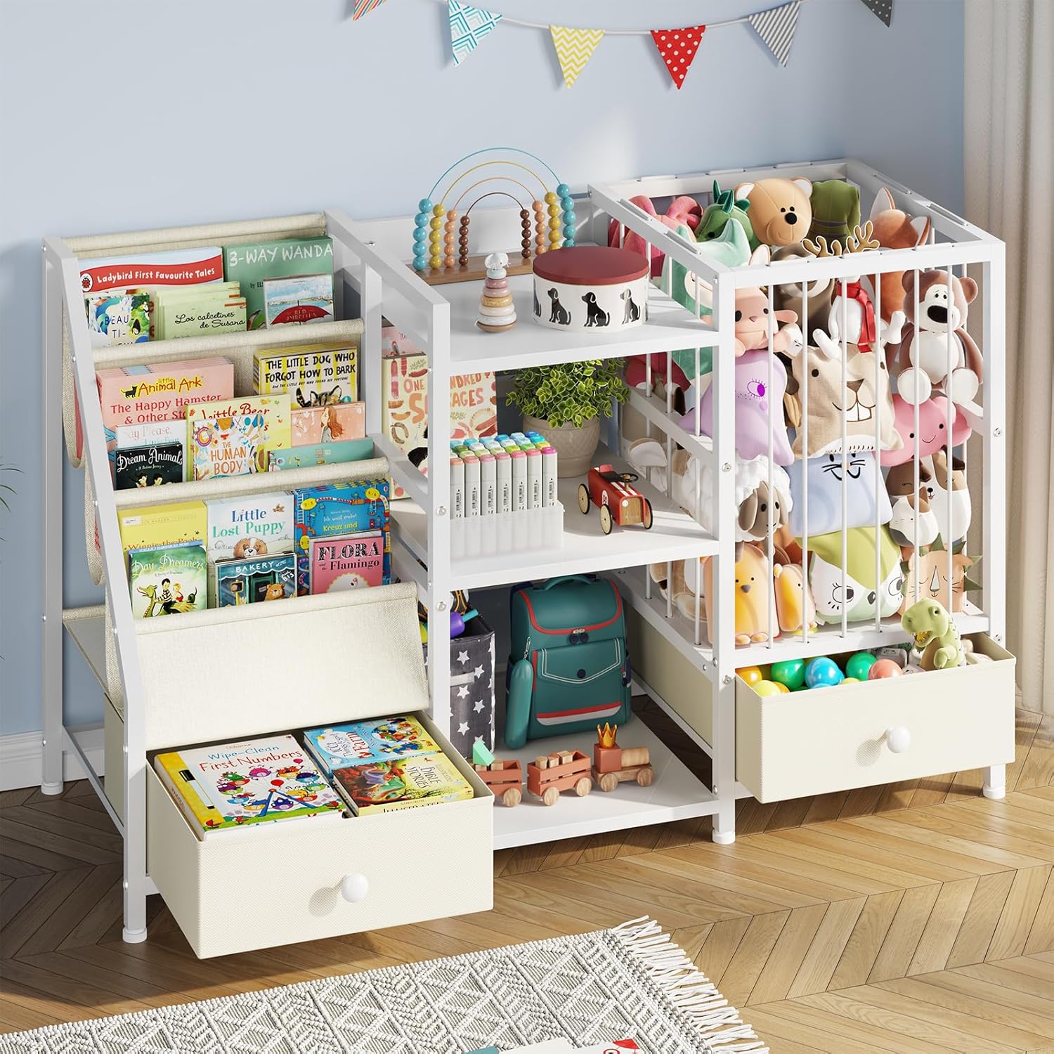 Creso hom Kids Bookshelf and Toy Storage, Montessori Baby Bookcase with Stuffed Animal Storage and 2 Drawers, 3-Tier Sling Book Shelf for Kids Room, Nursery, Kindergarten, Playroom, Beige - Image 8