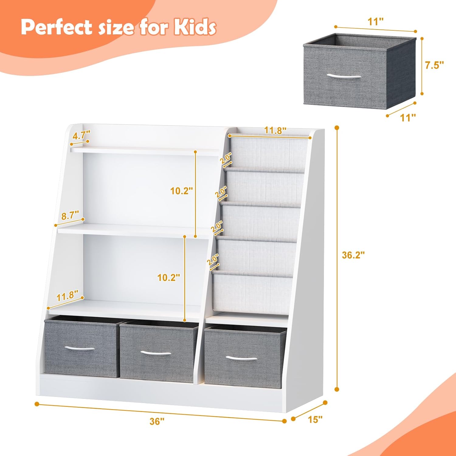 HedoAjim White Kids Bookshelf Wood Toy Storage Organizer Cabinet Children Bookcase Toddler Baby Sling Book Rack 3 Cube Bins Fabric Drawers for Playroom Bedroom Nursery School