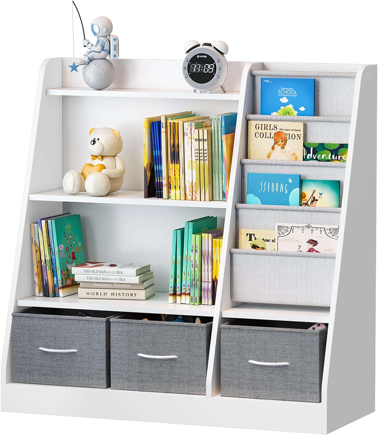 Alternative view of HedoAjim White Kids Bookshelf Wood Toy Storage Organizer Cabinet Children Bookcase Toddler Baby Sling Book Rack 3 Cube Bins Fabric Drawers for Playroom Bedroom Nursery School