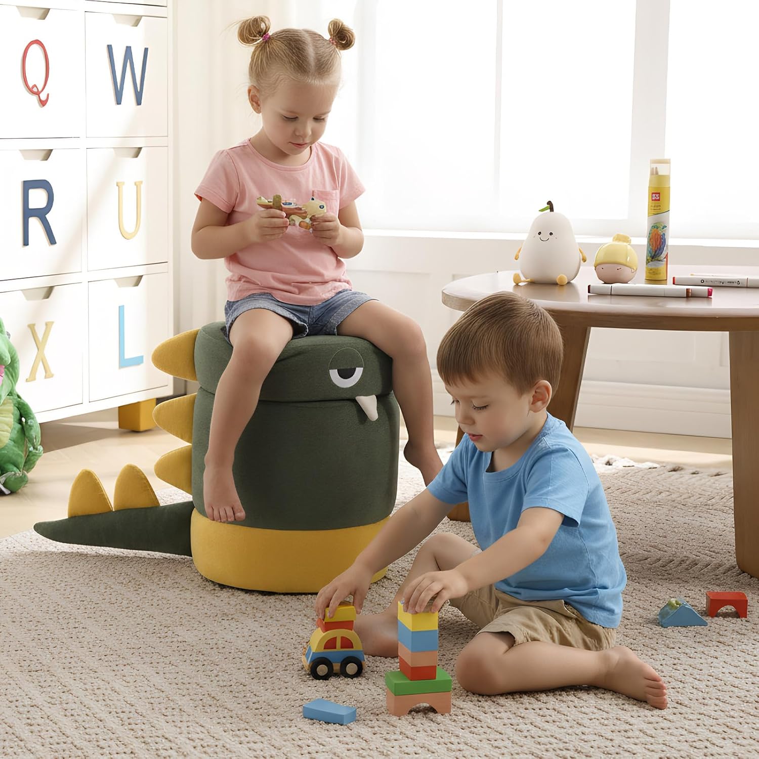 Alternative view of DAYAOUTDOOR Toddler Chair, Kid Desk Chairs, Kid Furniture with Storage Ottoman, Dinosaur Storage Chair, Children Cute Desk Chair, Small Multi-Purpose Footstool for Playroom & Bedroom, Green